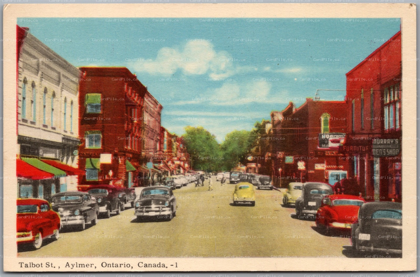 Postcard Aylmer Ontario Talbot Street Old Cars Shops Elgin County by PECO