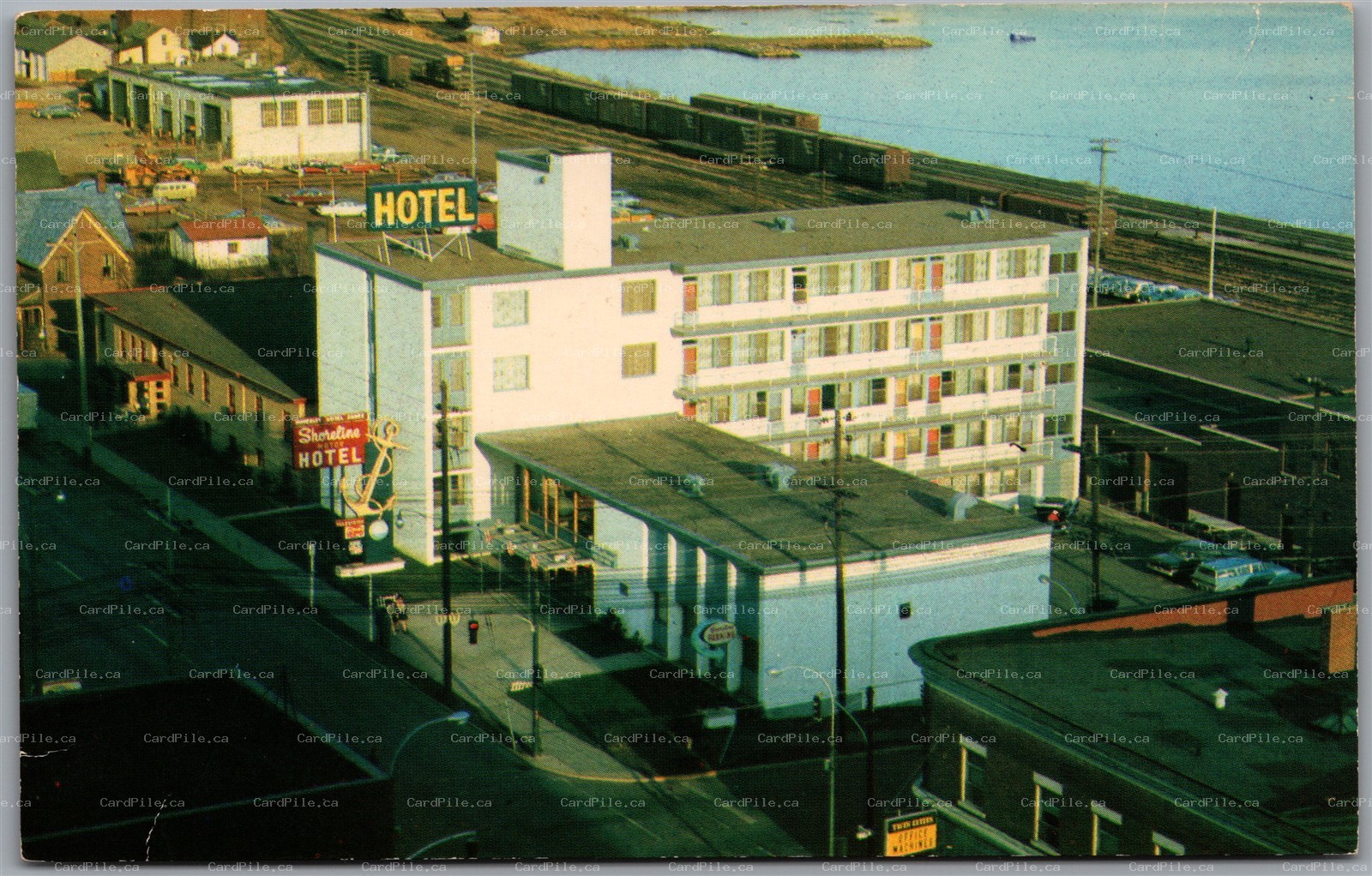 Postcard Port Arthur Ontario c1960s Shoreline Motor Hotel Railroad and Lake