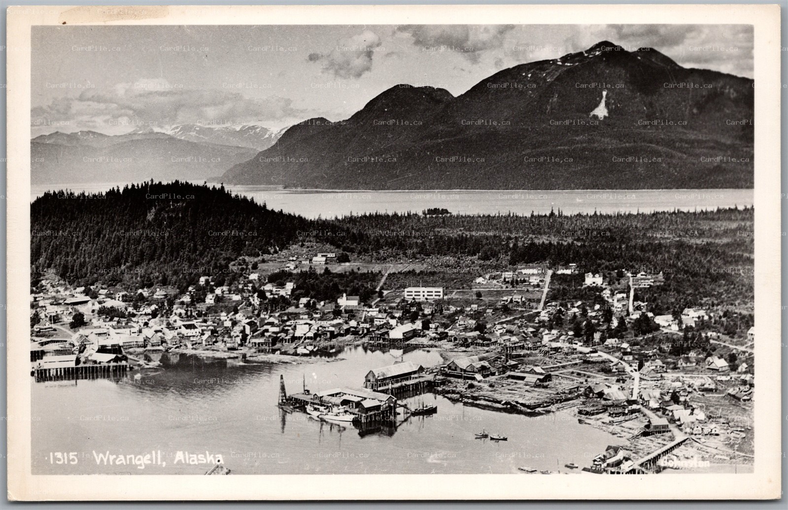 Postcard RPPC c1940s Wrangell Alaska Aerial View of Town Harbor by Johnston