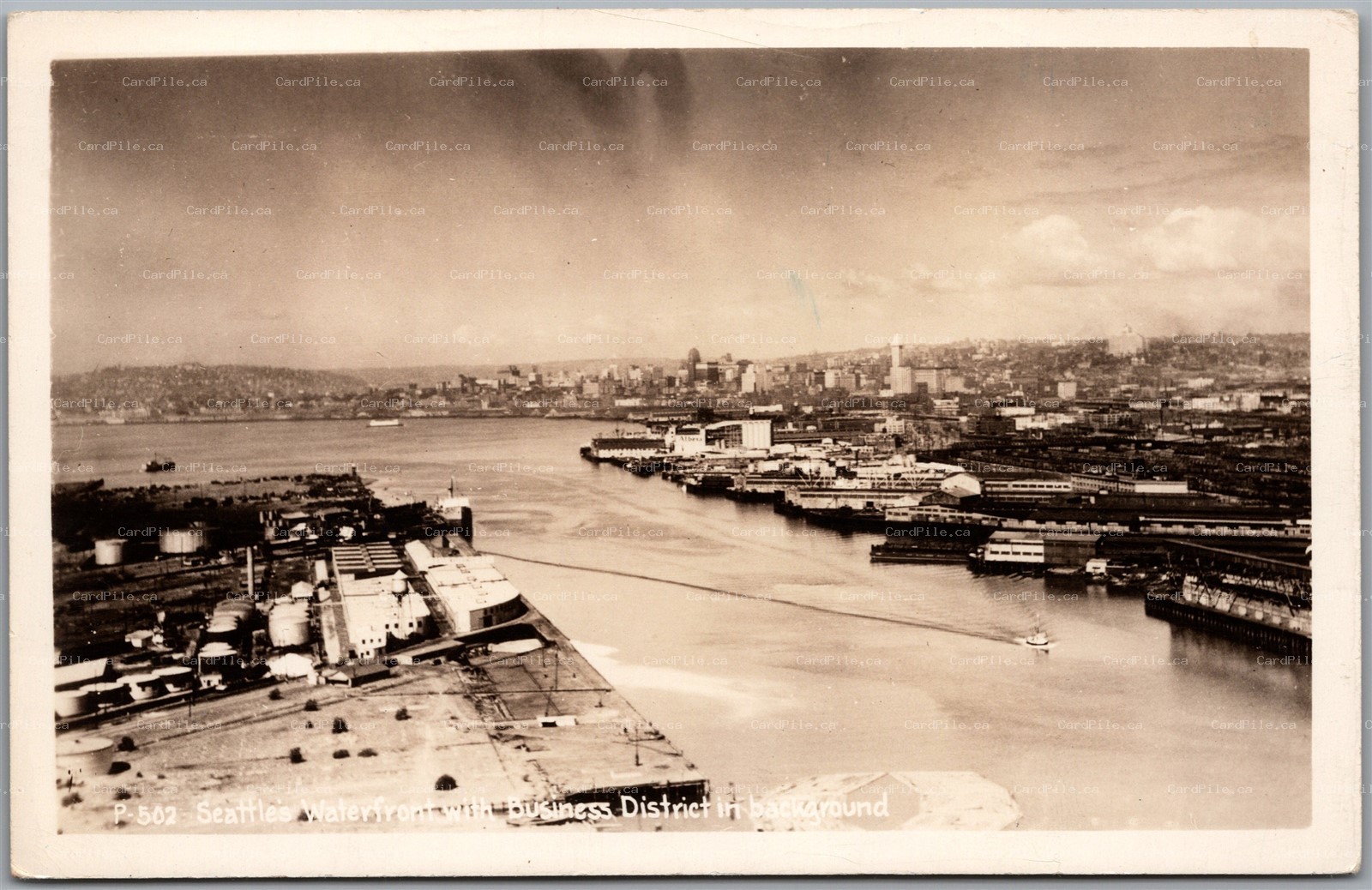 RPPC Seattle Washington Birds Eye View Waterfront with Business District