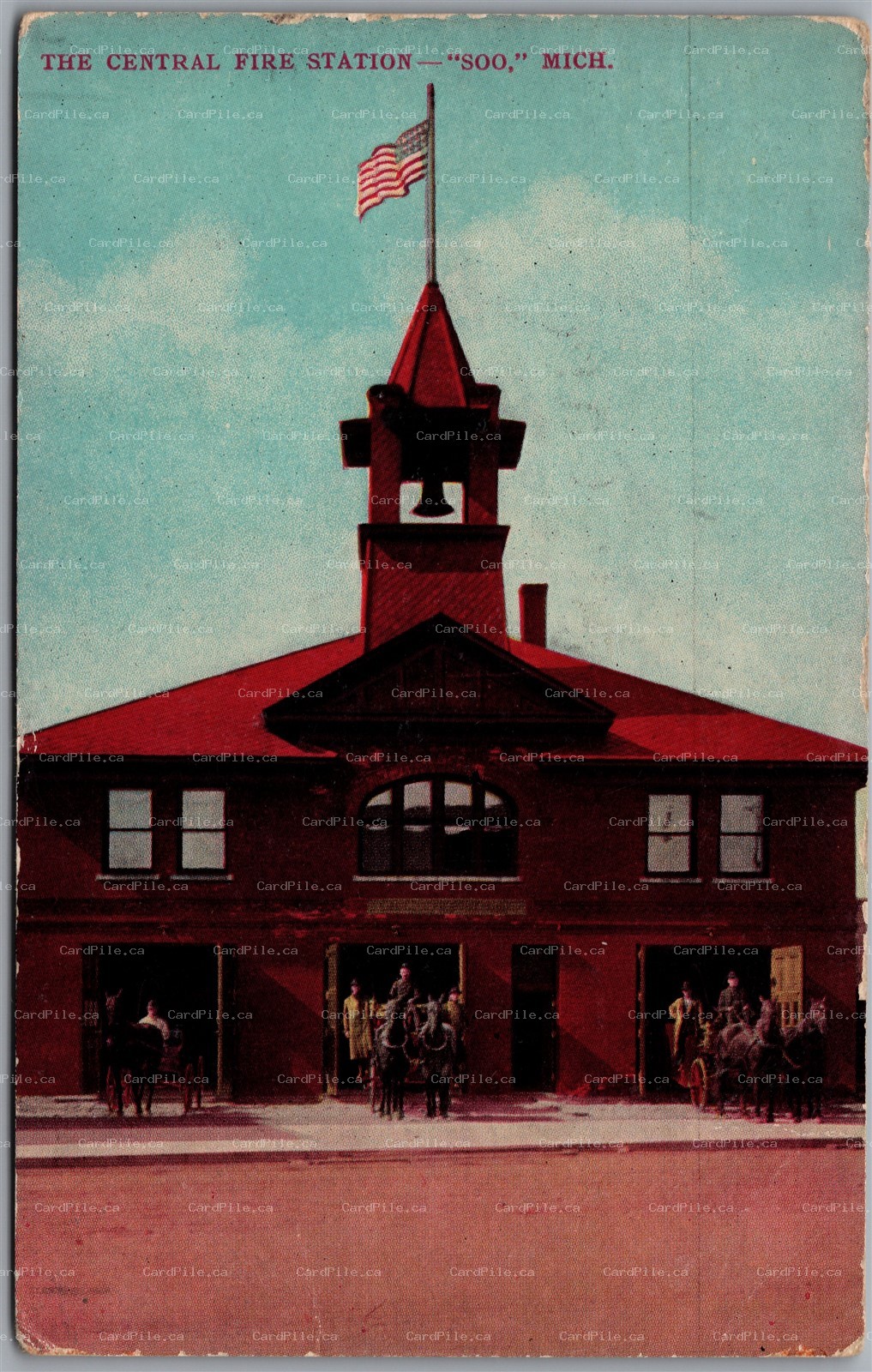 Postcard Sault Ste. Marie Michigan 1910 The Central Fire Station Chippewa County