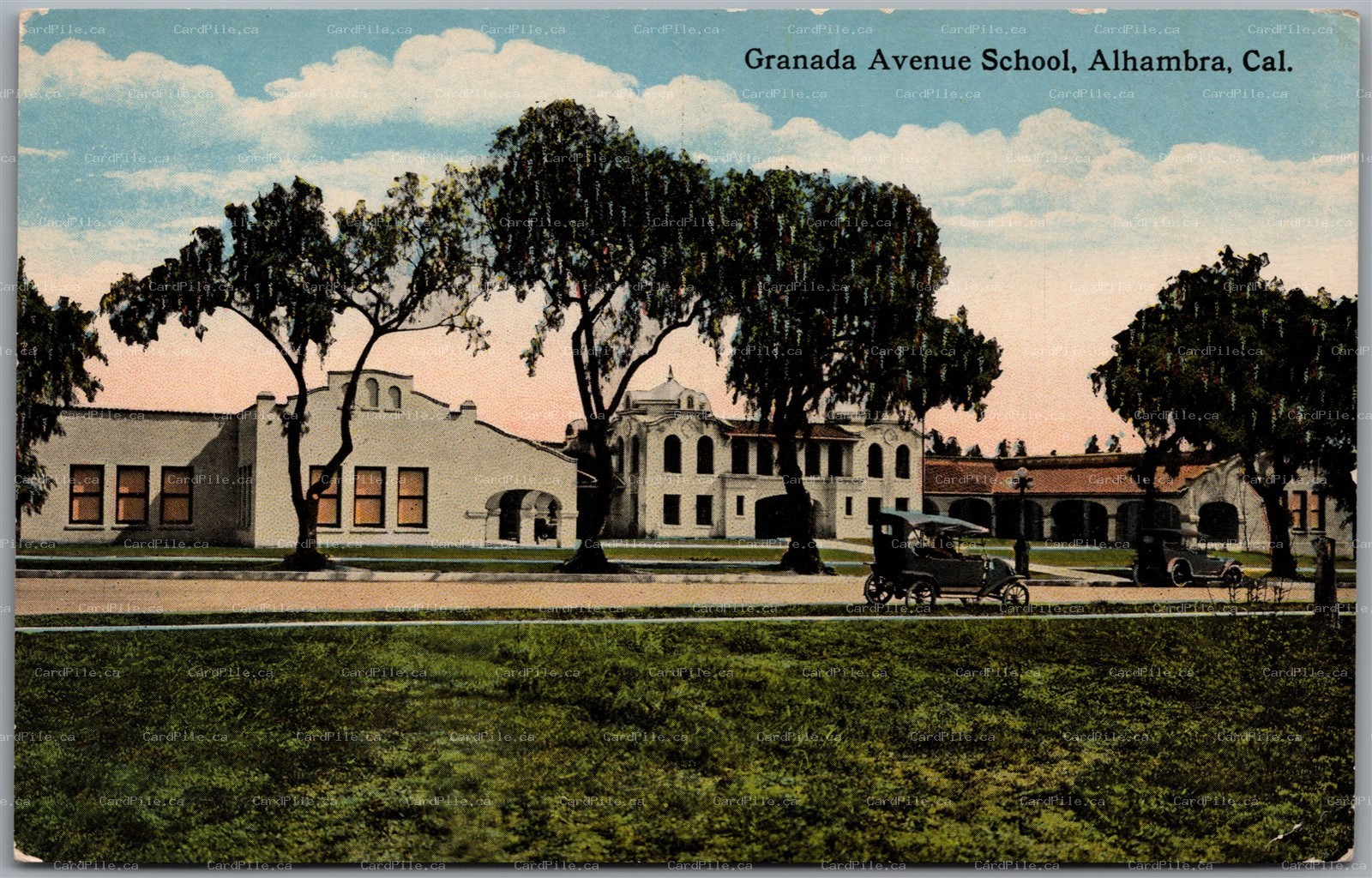 Postcard Alhambra California c1910s Granada Avenue School Old Cars Curt Teich