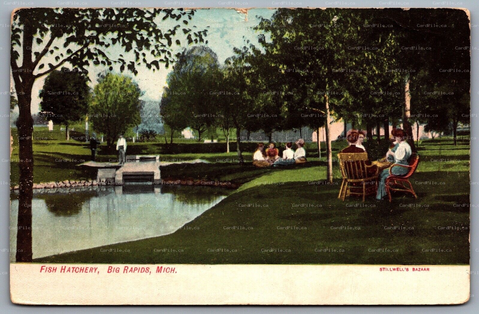 Postcard Big Rapids MI c1907 Fish Hatchery Park Scene Picnic 