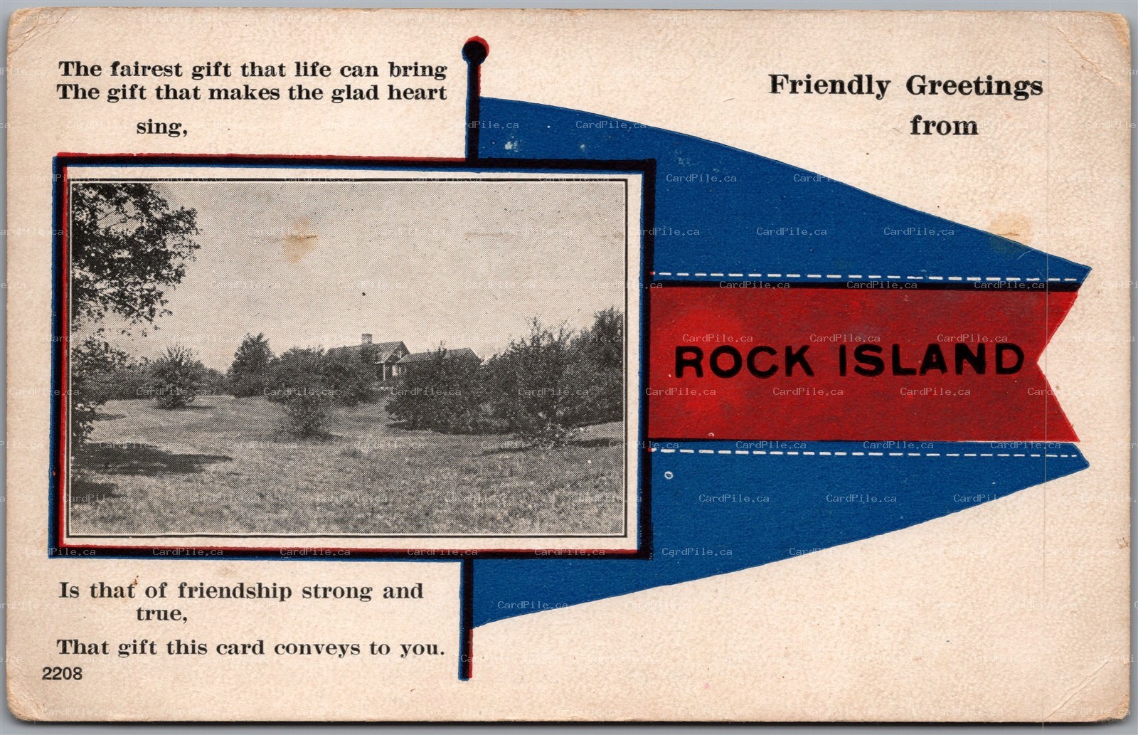 Postcard Friendly Greetings from Rock Island Illinois Pennant Flag Scenic View