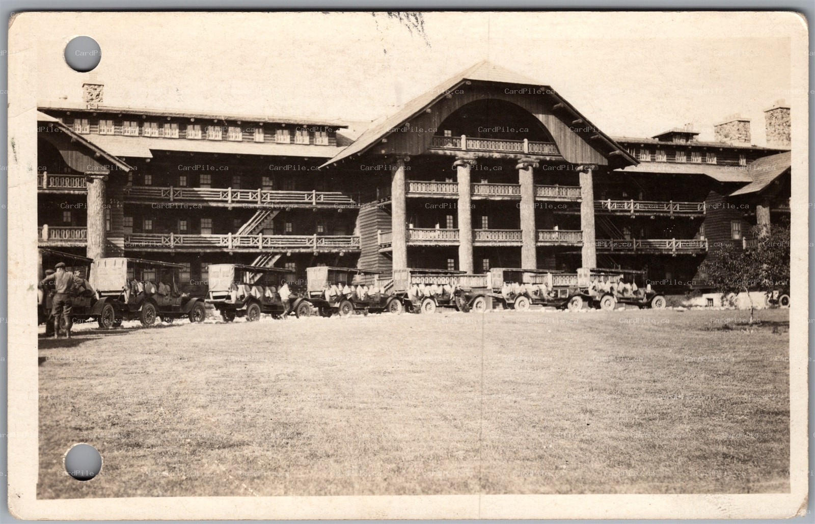 Postcard RPPC c1920s Glacier Park Montana view of Glacier Park Lodge Old Cars