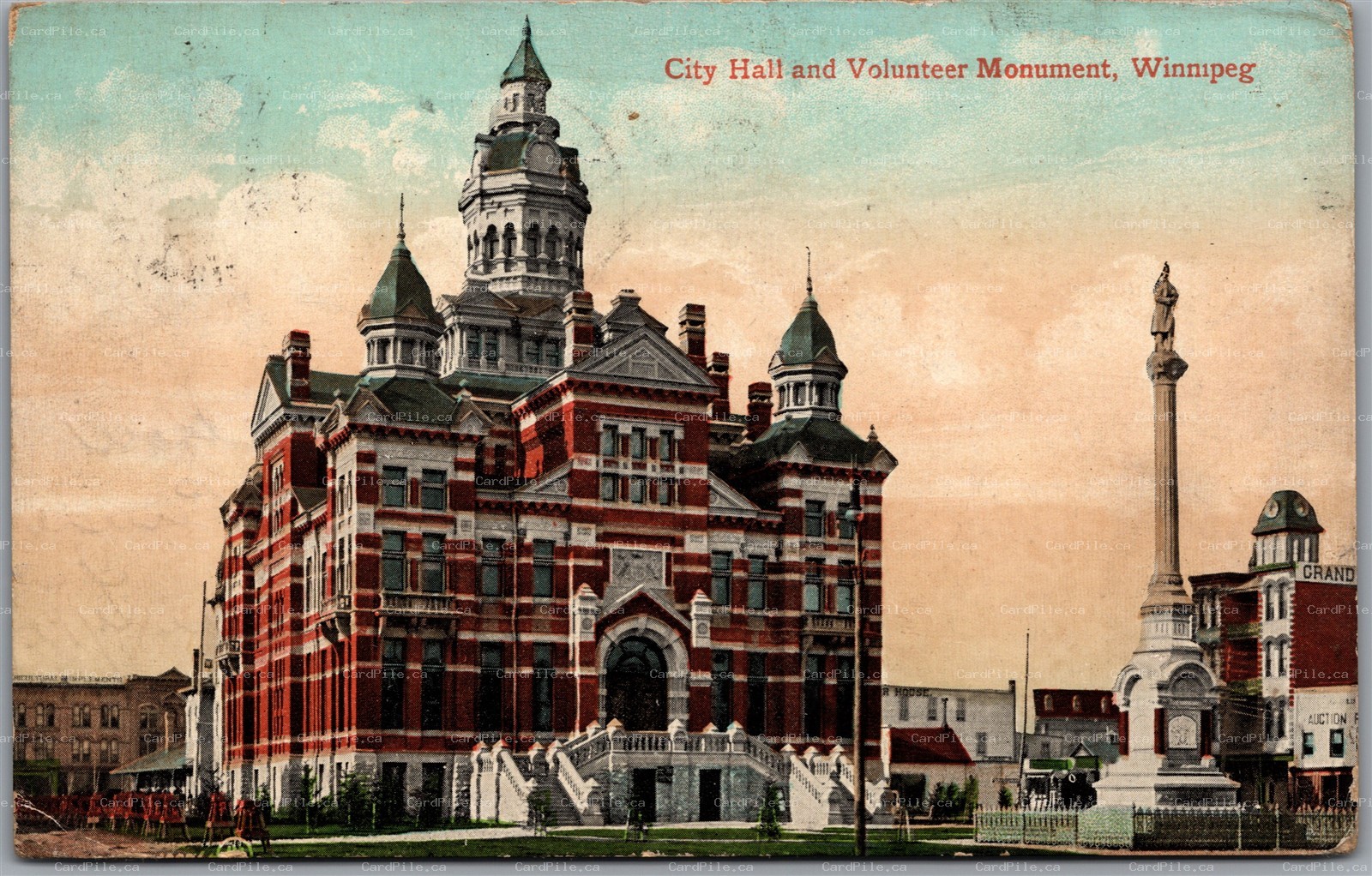 Postcard Winnipeg Manitoba c1908 City Hall and Volunteer Monument RPO Cancel
