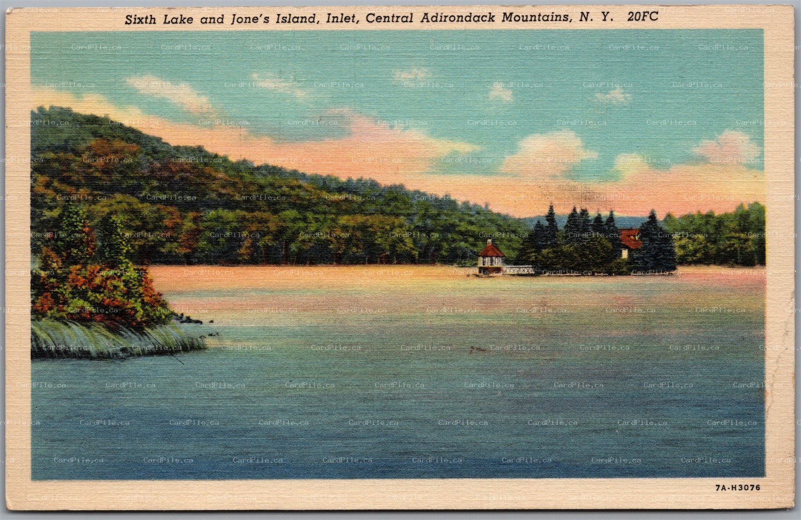 Postcard Inlet New York Sixth Lake & Jone's Island Central Adirondack Mountains