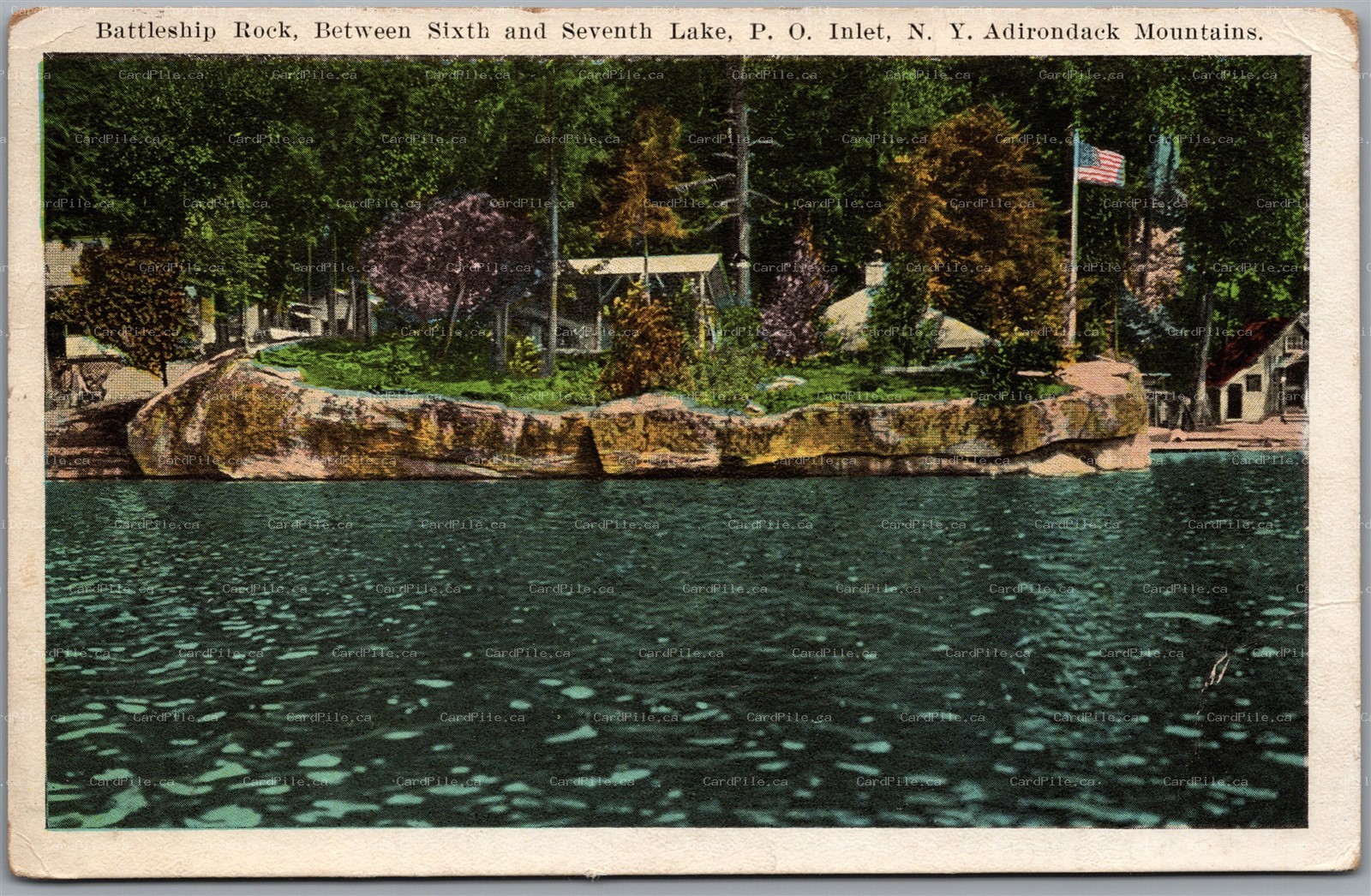 Postcard Inlet New York c1924 Battleship Rock between Sixth & Seventh Lake