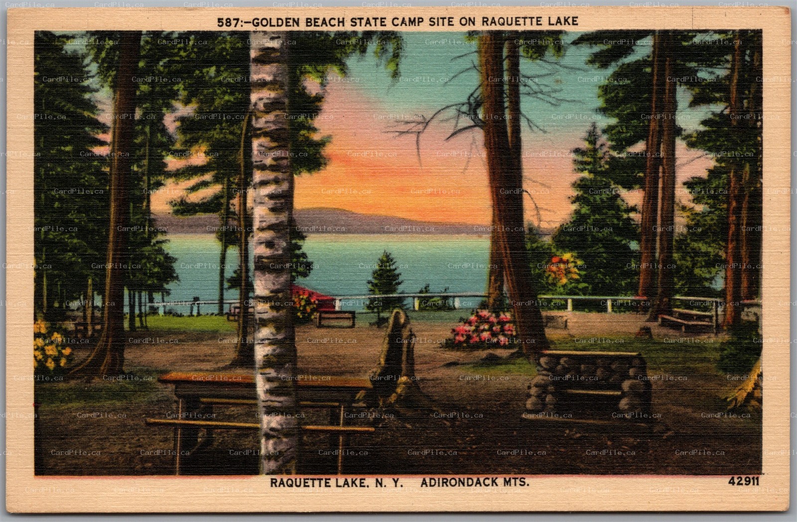 Postcard Raquette Lake New York Golden Beach State Camp Site Adirondack Mts.