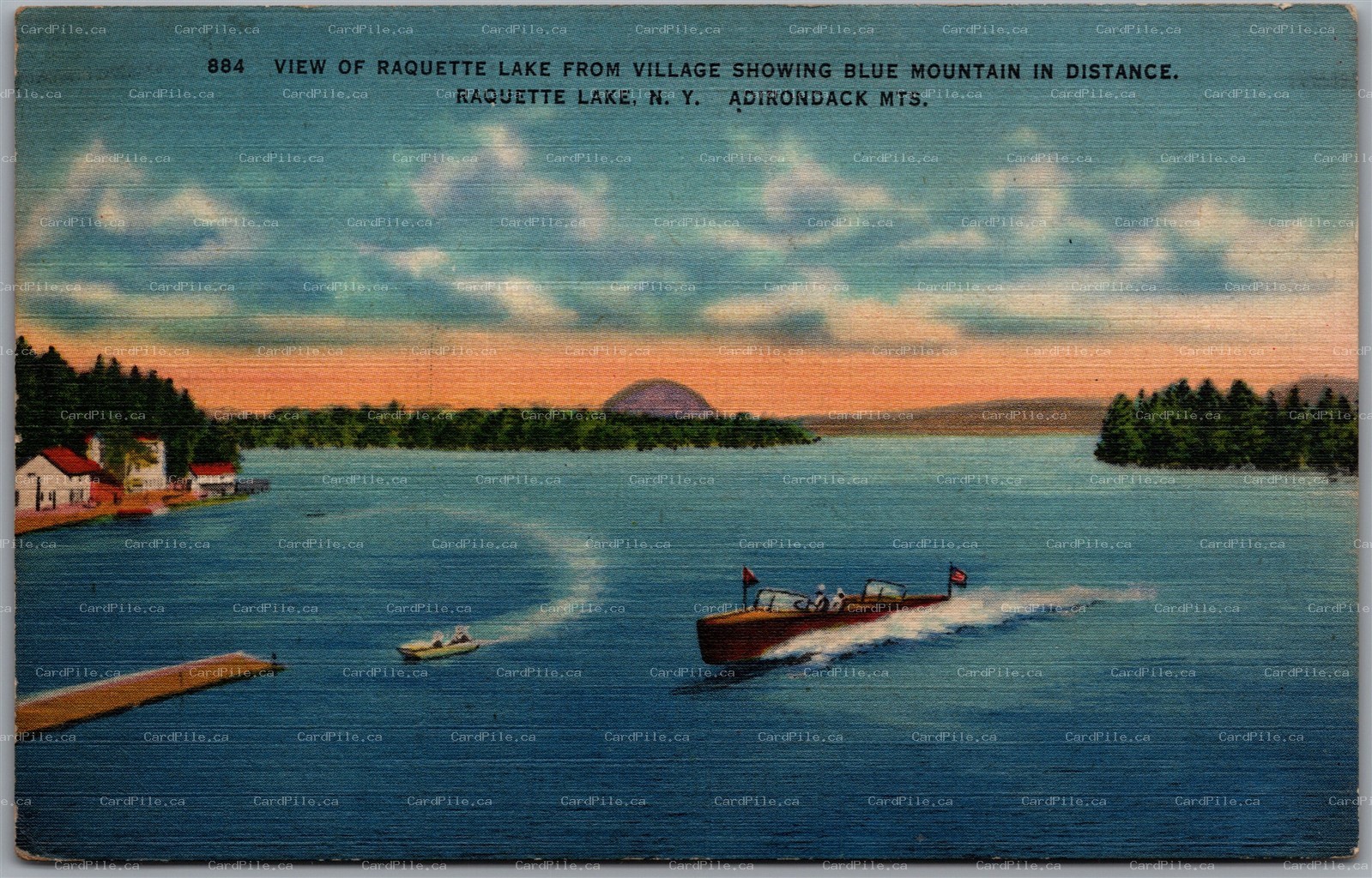 Postcard Raquette Lake NY Scenic View from Village Showing Blue Mountain Boating