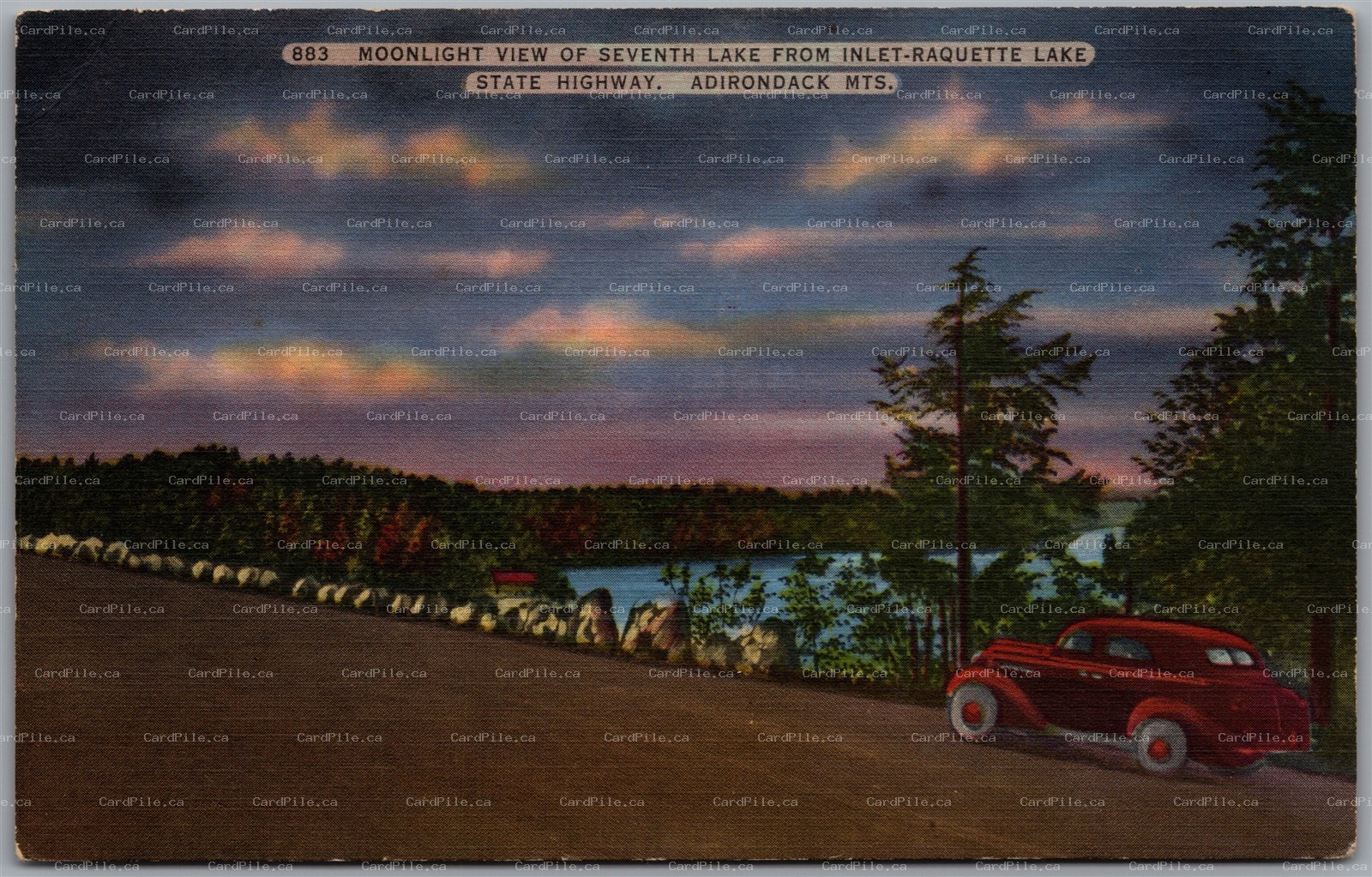 Postcard Raquette Lake New York Scenic Moonlight View of Seventh Lake from Hwy
