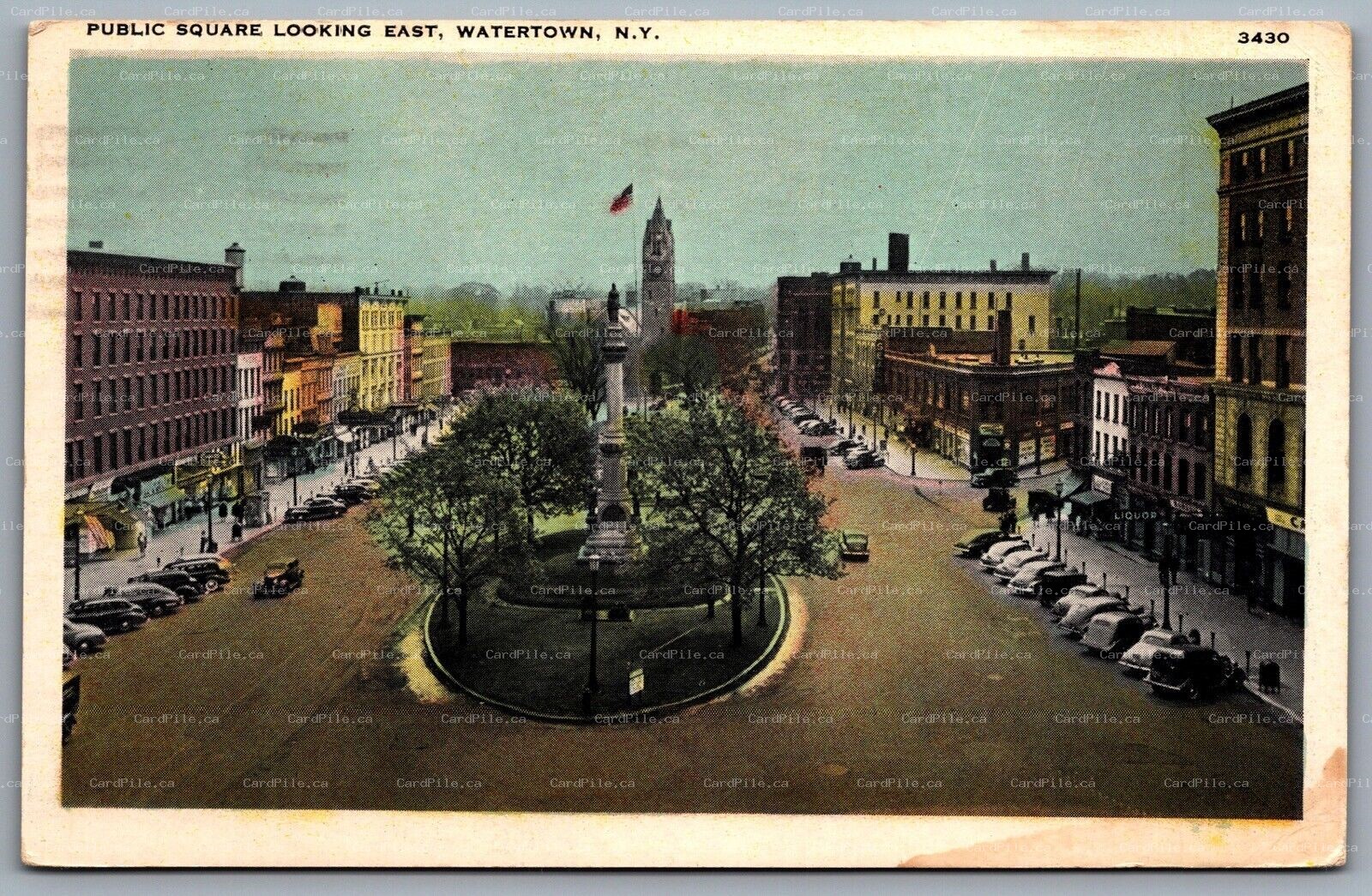 Postcard Watertown NY c1941 Public Square Looking East Old Cars Liquor Store