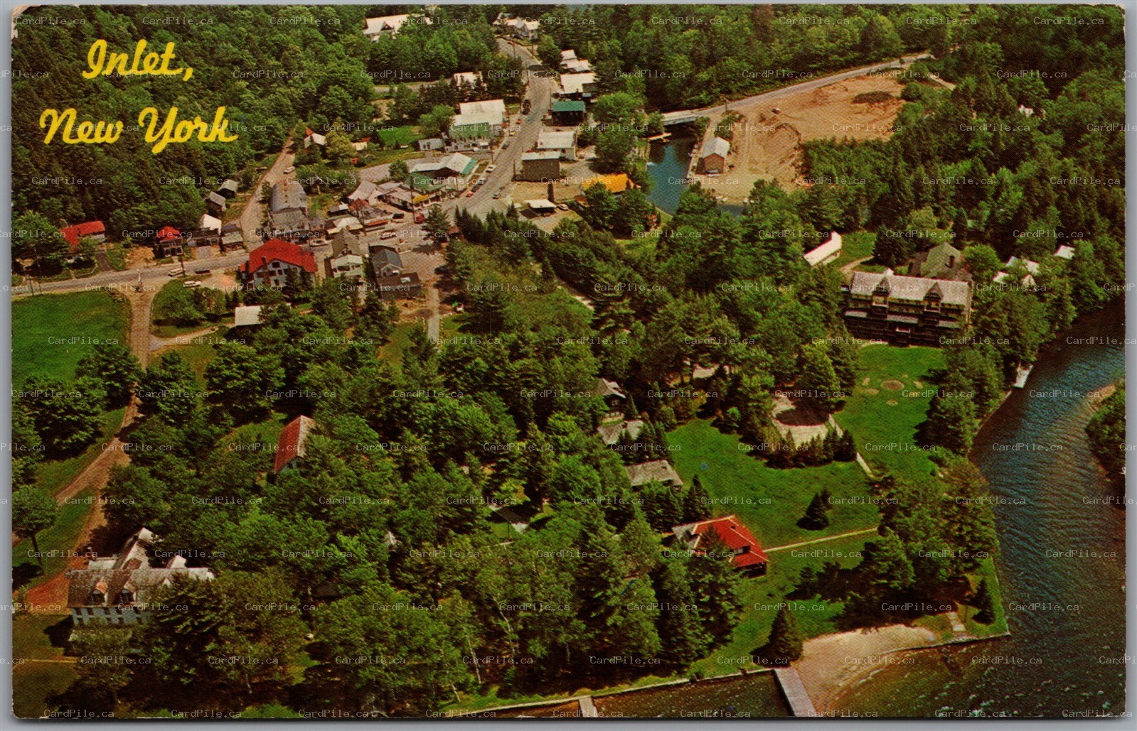 Postcard Inlet New York c1966 Aerial View of Town Beach Fourth & Fifth Lakes