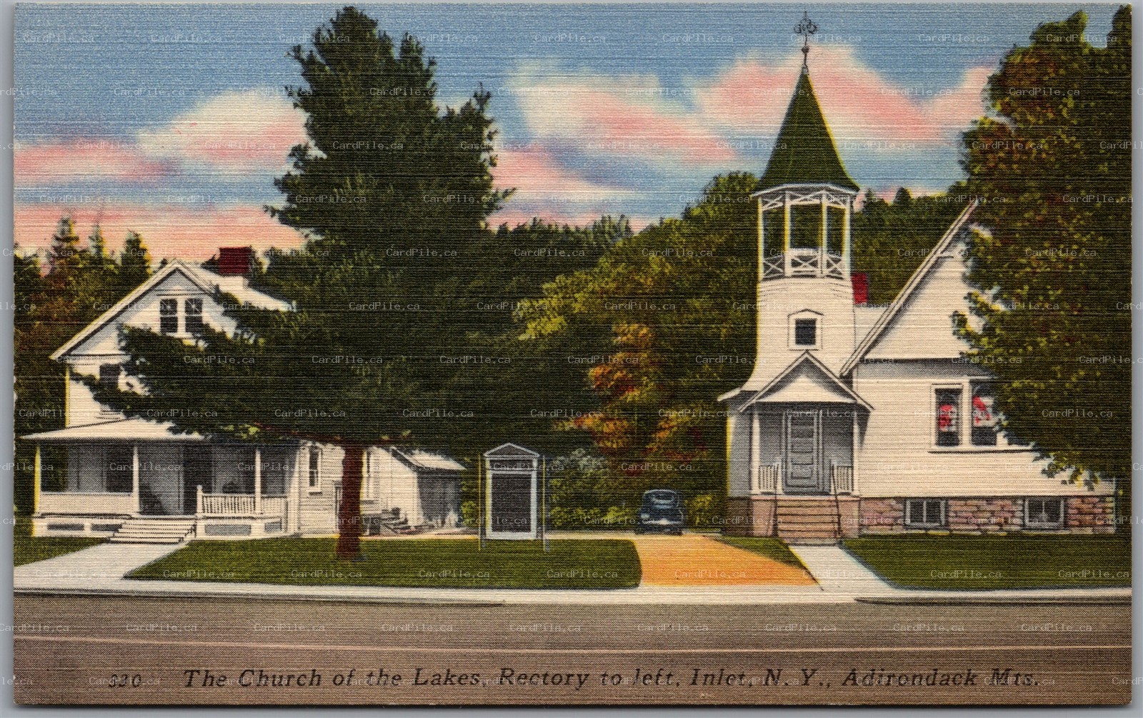 Postcard Inlet New York The Church of the Lakes Rectory to Left Adirondack Mts.