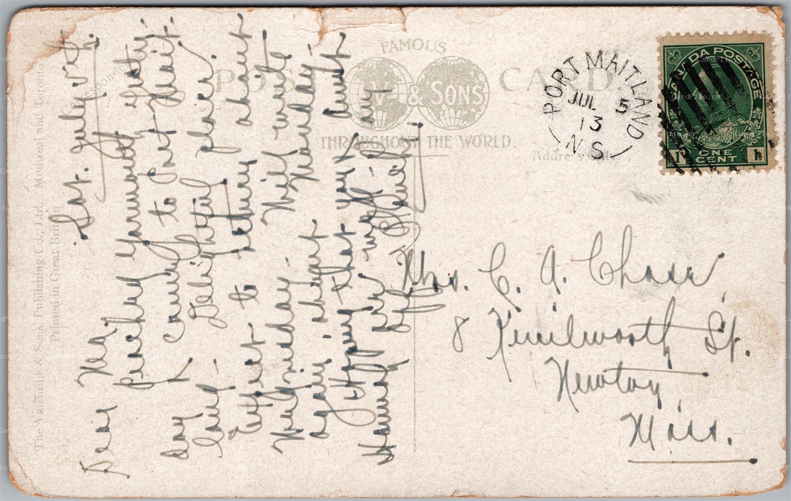 Postcard Yarmouth Nova Scotia 1913 Local Oxpress Split Ring Cancel Port Maitland