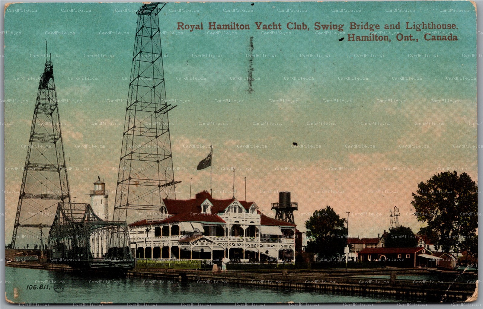 Postcard c1913 Ontairo Royal Hamilton Yacht Club, Swing Bridge & Lighthouse