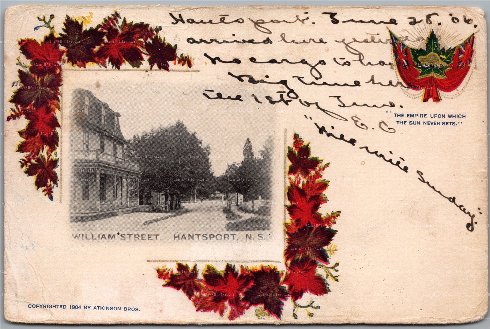 Postcard Hantsport Nova Scotia c1906 William Street Split Ring Cancel Patriotic