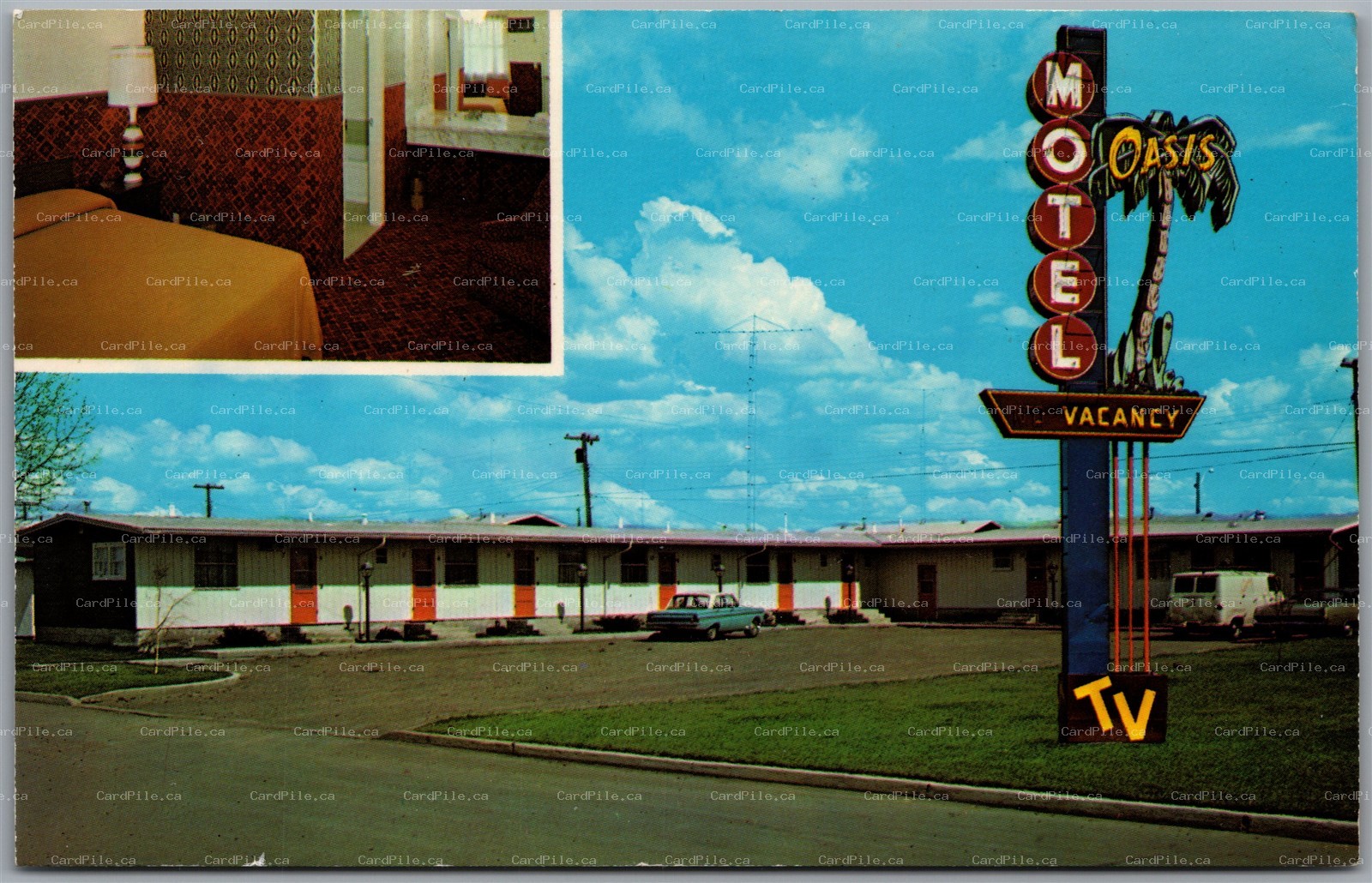 Postcard Ponoka Alberta Oasis Motel Dual View MCM Old Car and Van