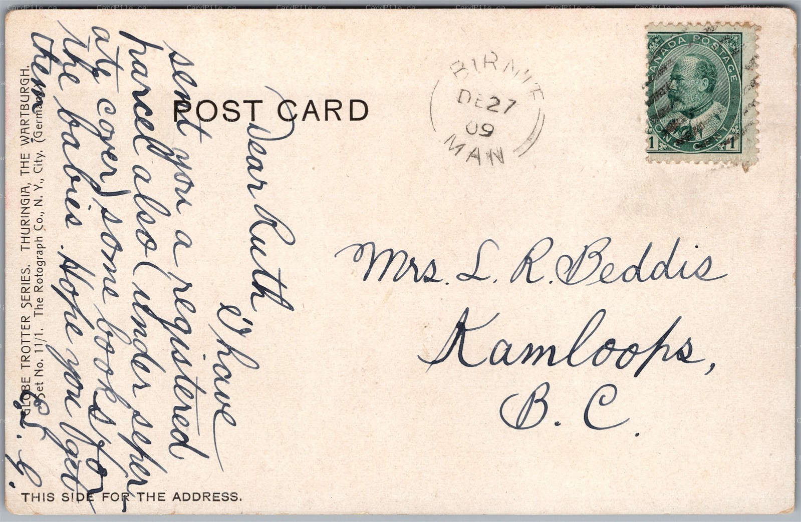 Postcard Split Ring Cancel c1909 Birnie Manitoba to Kamloops British Columbia