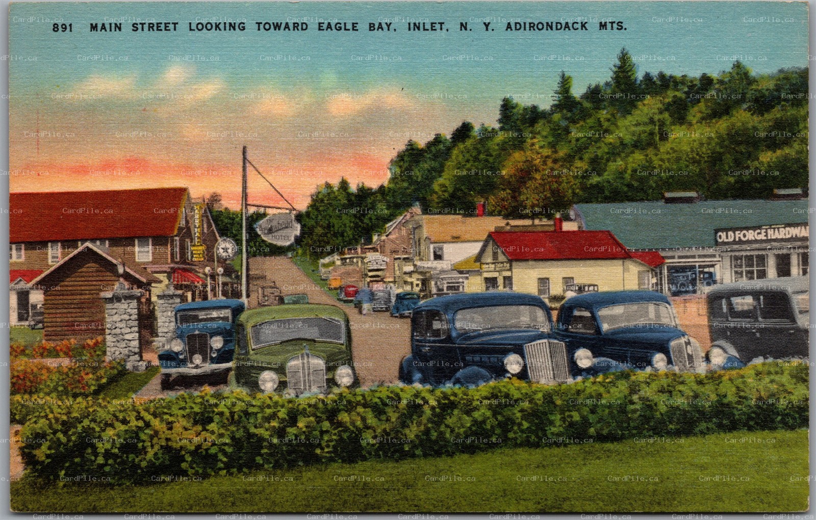 Postcard Inlet New York Main Street Looking Toward Eagle Bay Old Cars Texaco Gas