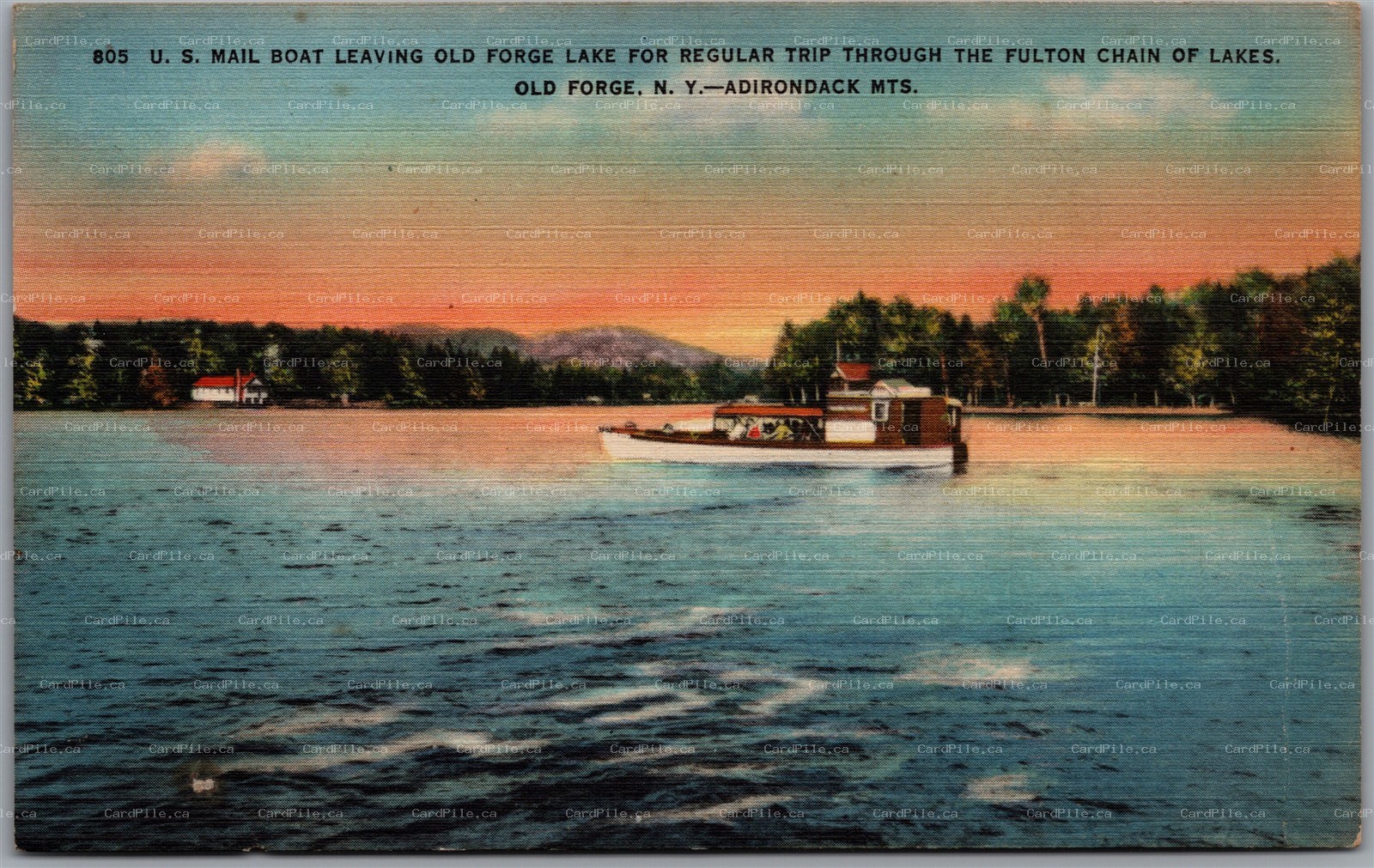 Postcard Old Forge New York U.S. Mail Boat Fulton Chain Adirondacks Lake Scene 