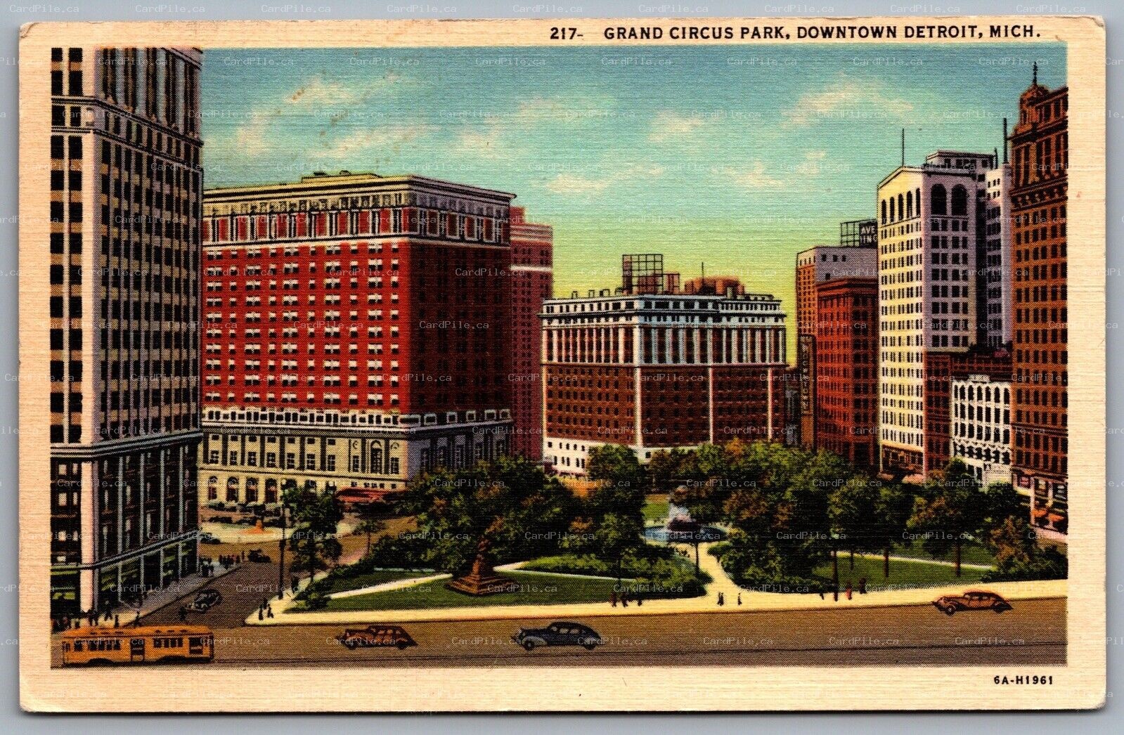 Postcard Detroit MI c1936 Downtown View Grand Circus Park Old Cars Trolley