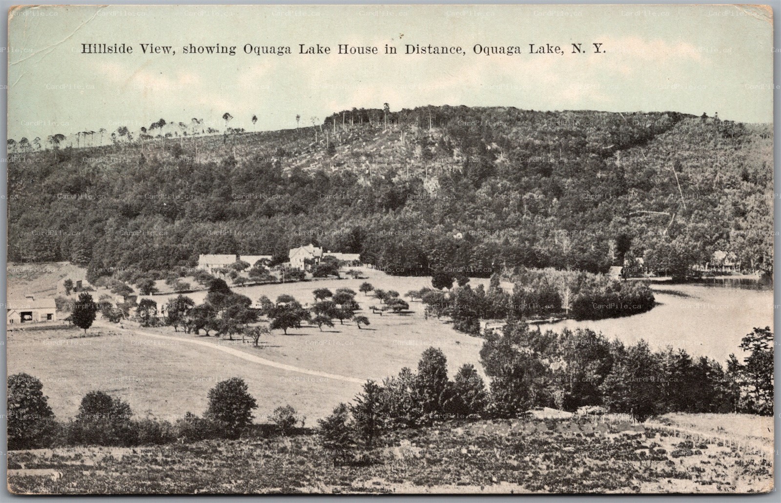 Postcard Oquaga Lake New York Hillside View Lake House in Distance