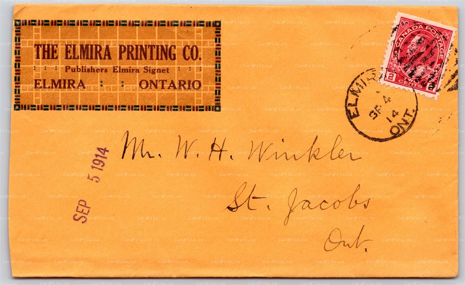 Cover 1914 Canada Elmira Ontario Printing Company to St. Jacobs with Letter