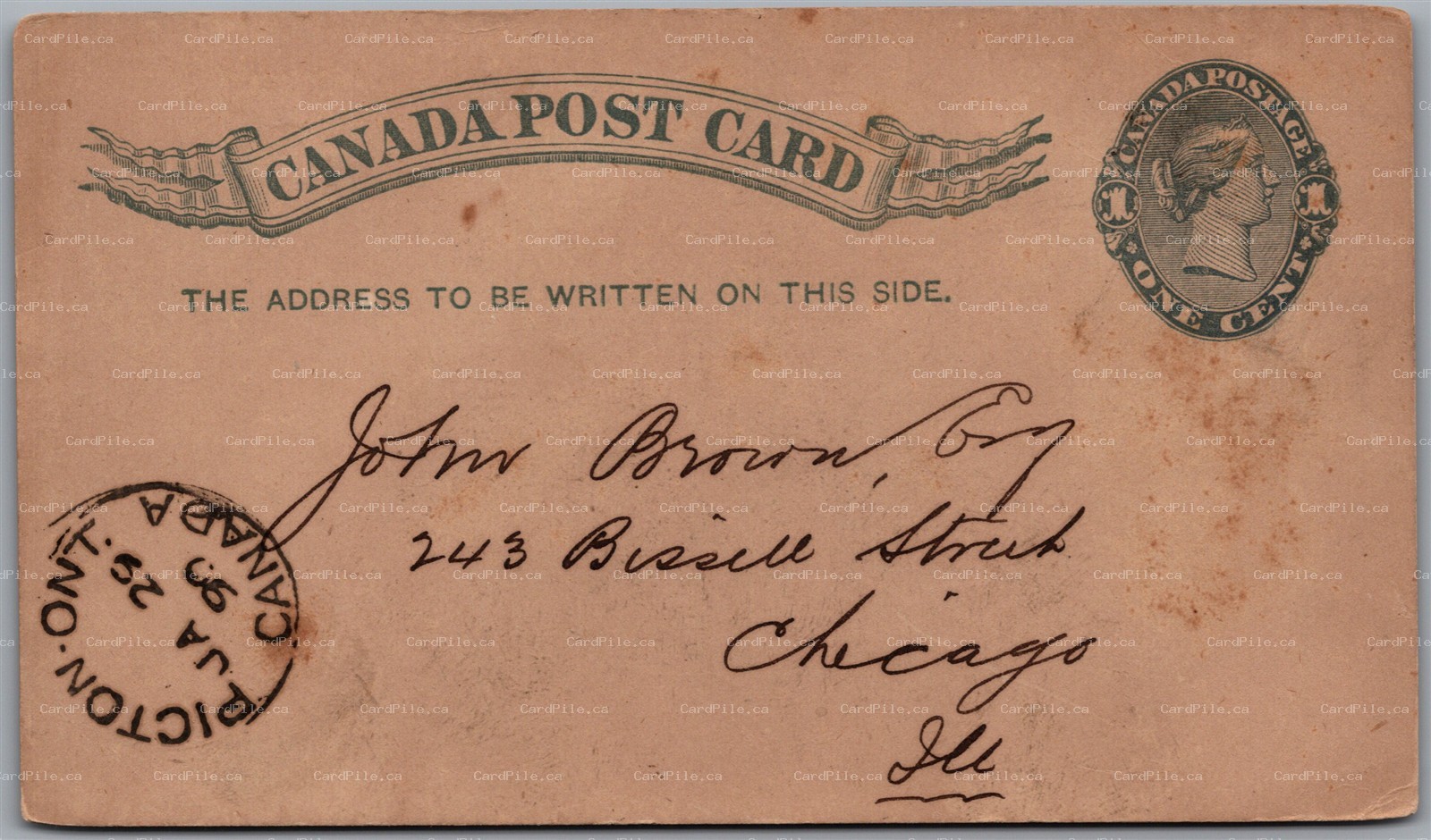 Postal Stationery c1890 Picton Ontario to Chicago Illinois Split Ring Cancel P7c