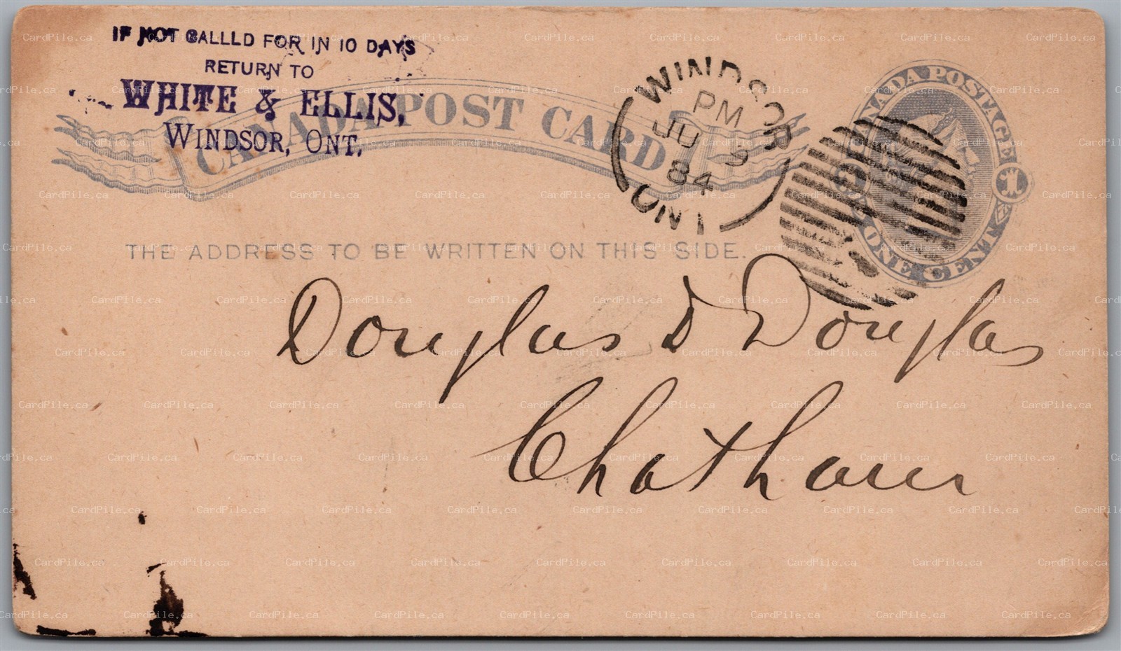 Postal Stationery c1884 Windsor Ontario to Chatham ONT White & Ellis Split Ring