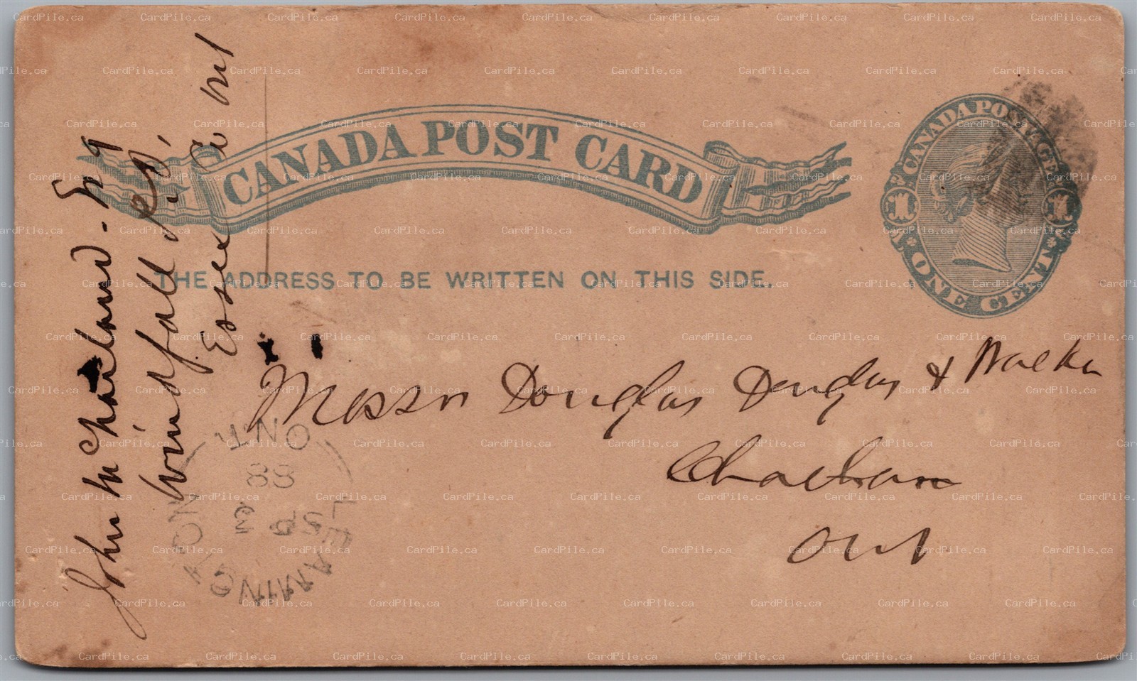 Postal Stationery c1888 Leamington Ontario to Chatham ONT Split Ring Webb# P7c