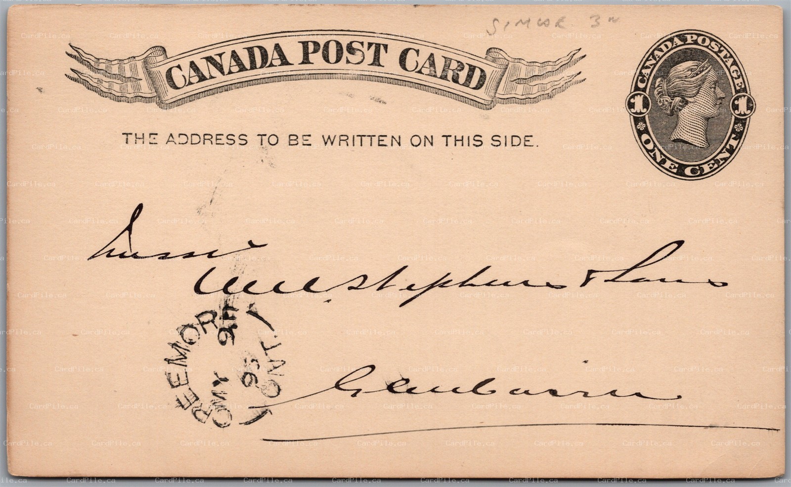 Postal Stationery c1895 Creemore Ontario to Glencairn Split Ring Burk & Graham