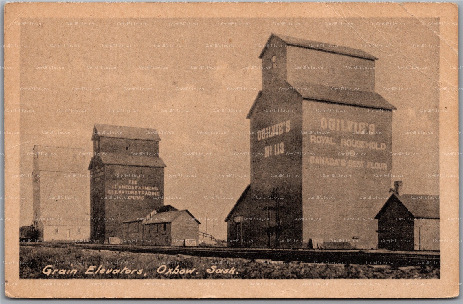 Postcard Oxbow Saskatchewan c1948 Ogilvie's & Alameda Grain Elevators