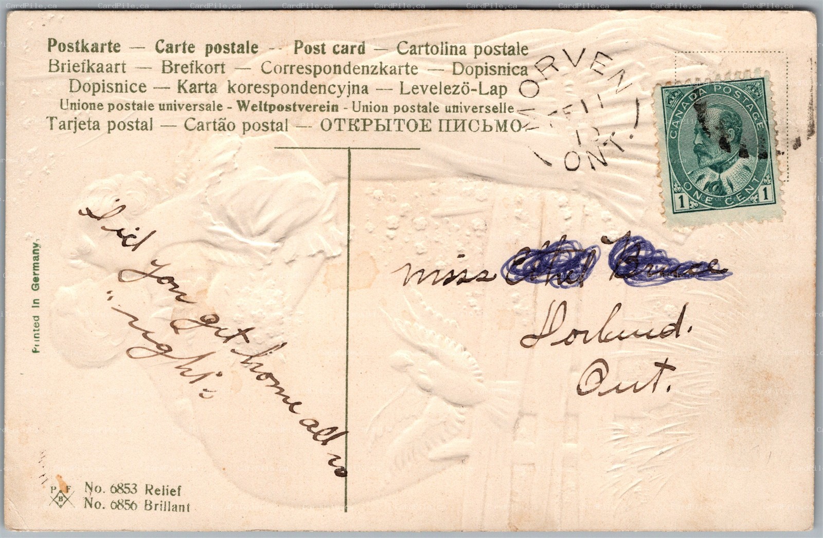 Postcard Split Ring Cancel 1910 Morven Ontario Lennox & Addington Co. to Dorland
