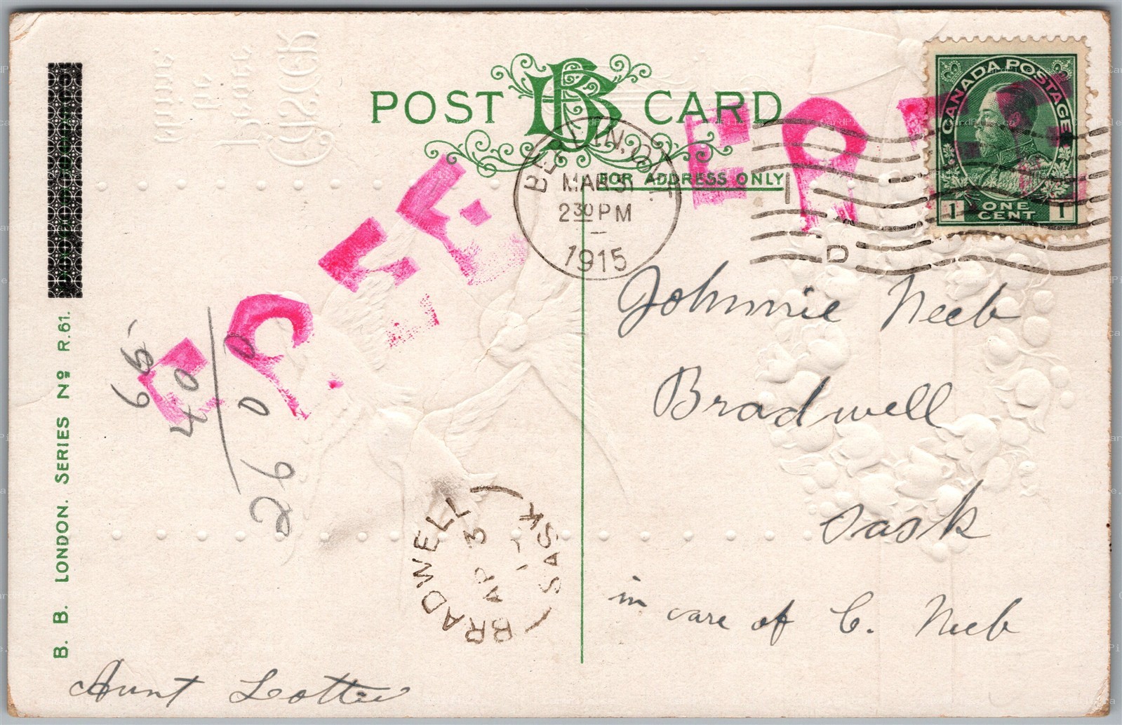 Postcard Split Ring Cancel c1915 Bradwell Saskatchewan from Berlin Ontairo Neeb