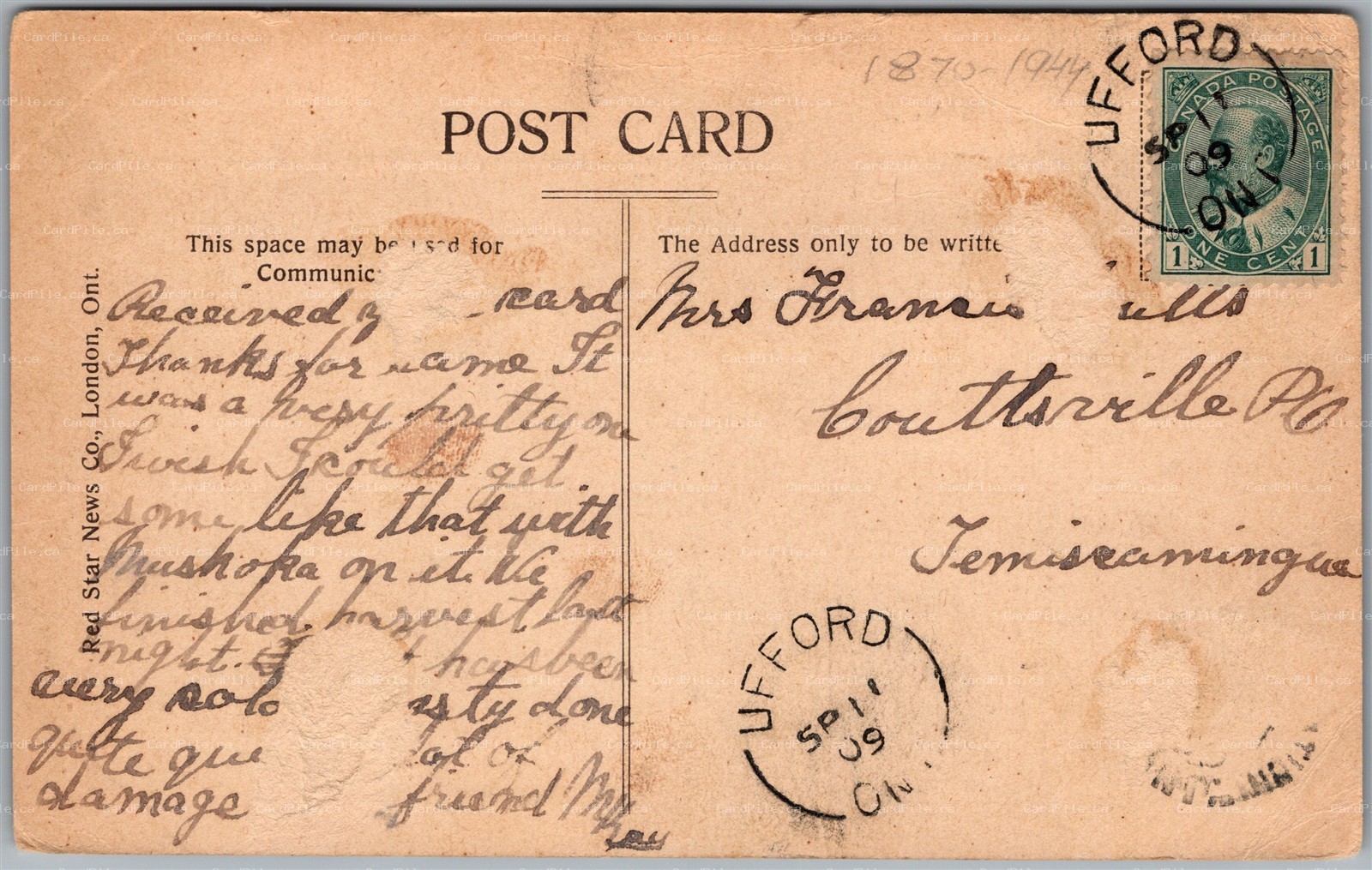Postcard Split Ring Cancel c1909 Ufford Ontario Muskoka Dist. to Temiscaming PQ