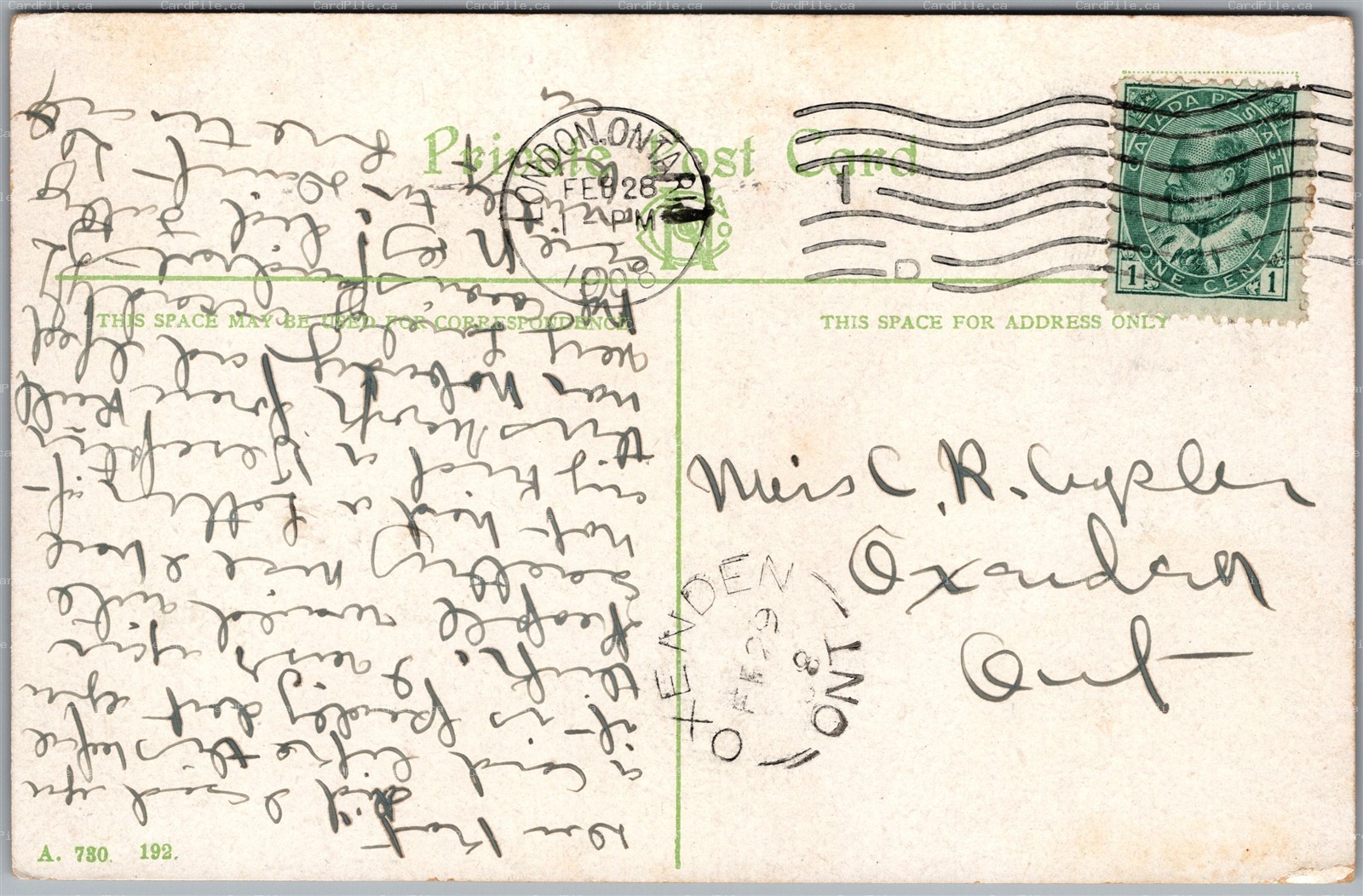 Postcard Split Ring Cancel c1908 Oxenden Ontario from London ONT Alexendra Park