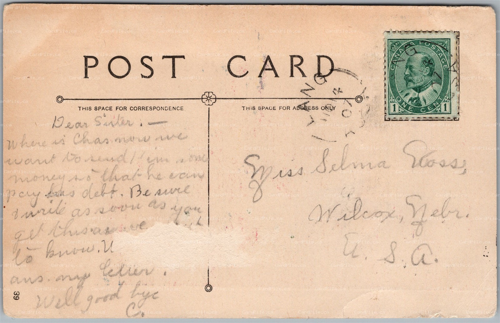 Postcard Split Ring Cancel c1907 Lang Saskatchewan to Wilcox Nebraska