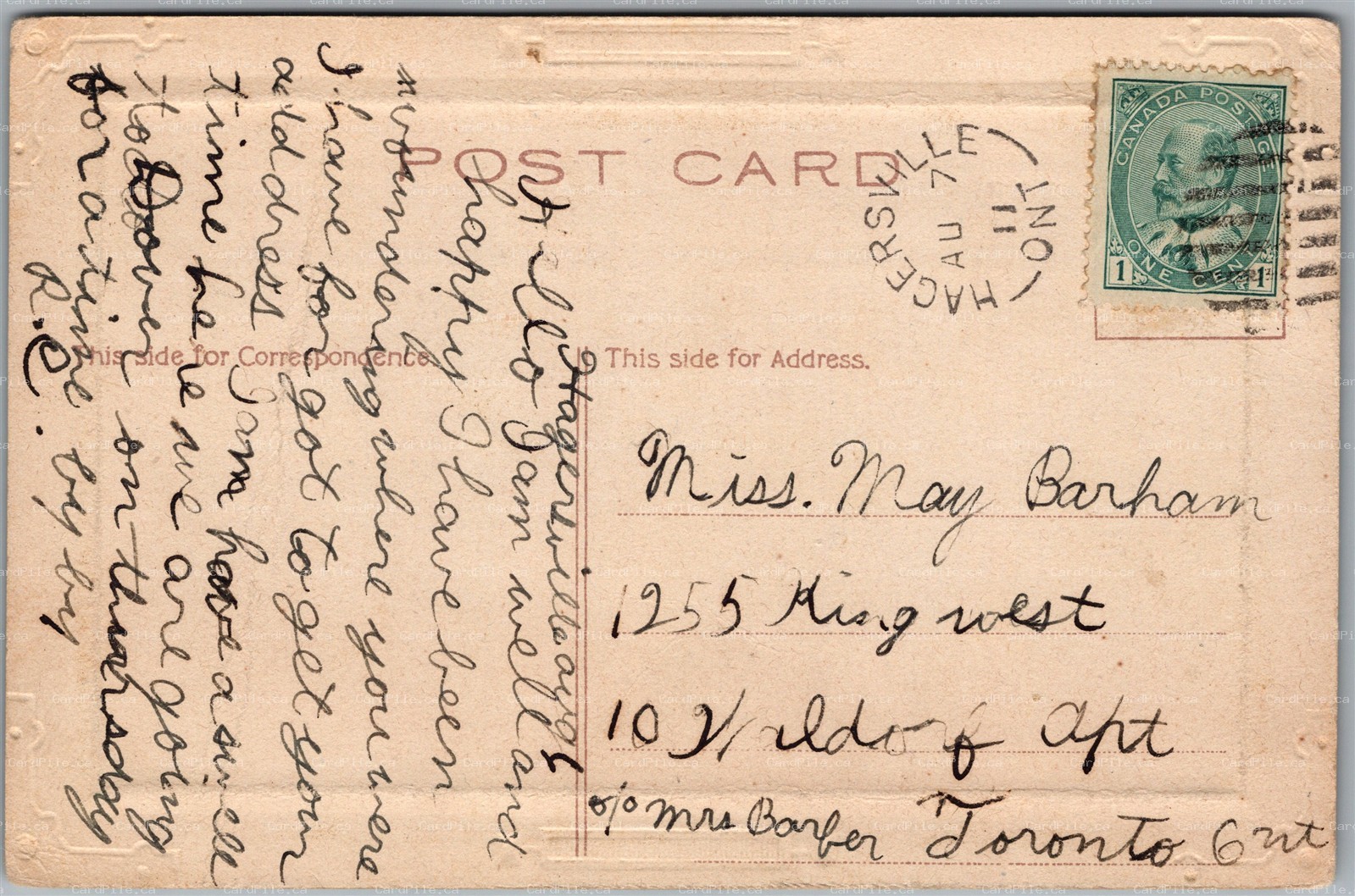 Postcard Split Ring Cancel c1911 Hagersville Ontario to Toronto King St. West