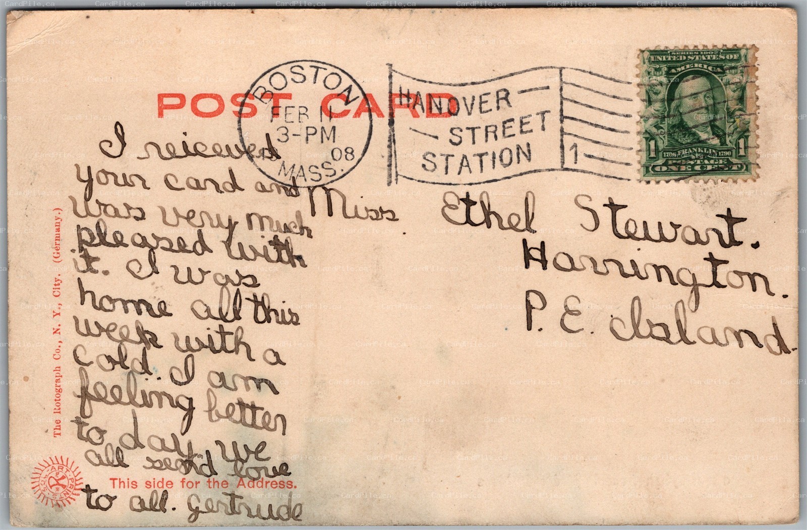 Postcard Medford Massachusetts c1908 Flag Cancel Boston Hanover Street Station
