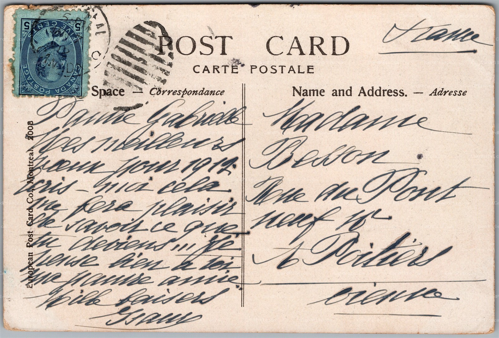 Postcard Montreal Quebec c1912 St. James Cathedral 5c Admiral to Poitiers France