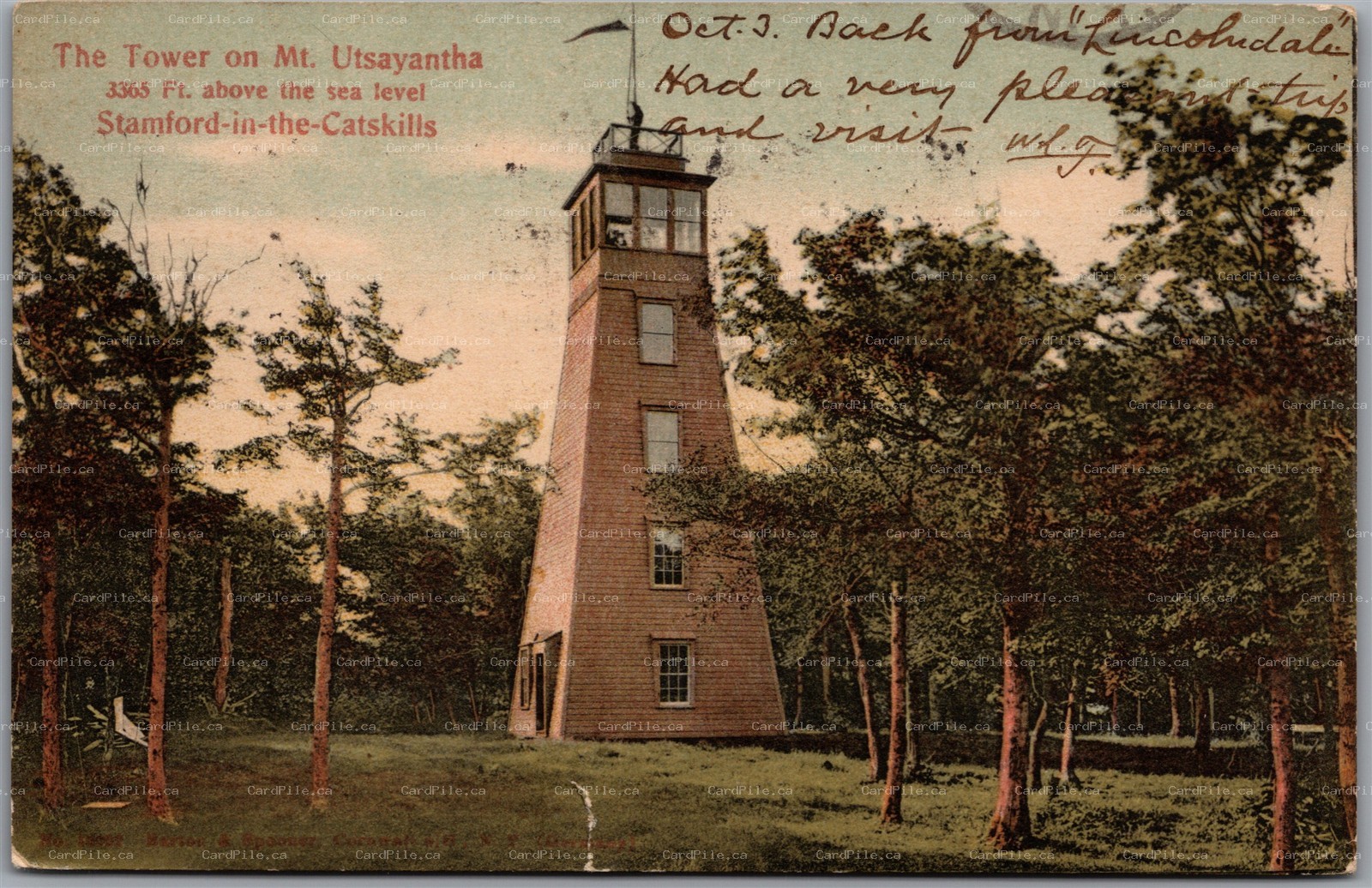 Postcard Stamford New York c1909 Fire Tower on Mt. Utsayantha Catskill Mountains