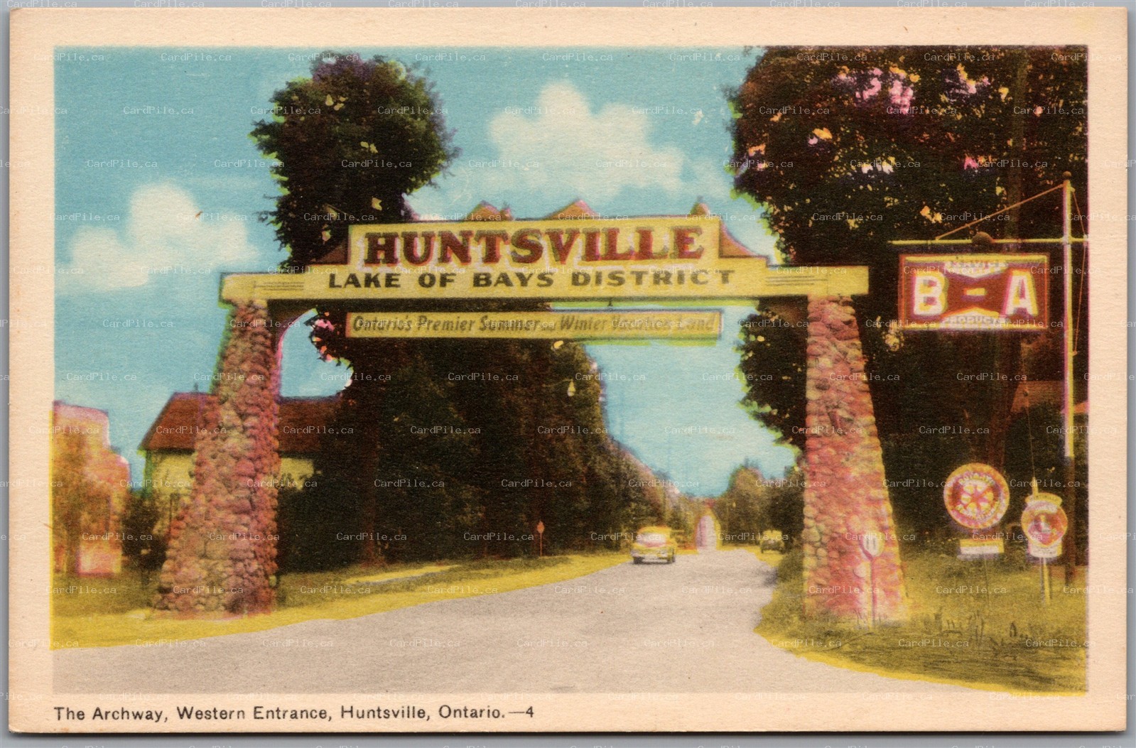 Postcard Huntsville Ontario The Archway Western Entrance B&A Gas Lake of Bays