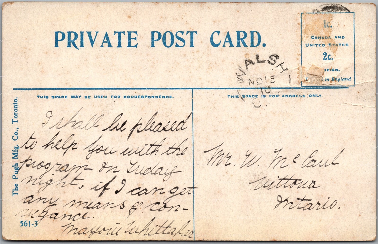 Postcard Split Ring Cancel c1910 Walsh Ontario to Vittoria ONT *as is*