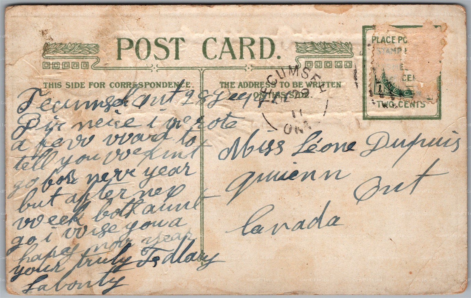 Postcard Split Ring Cancel c1911 Tecumseh Ontario on New Year John Winsch