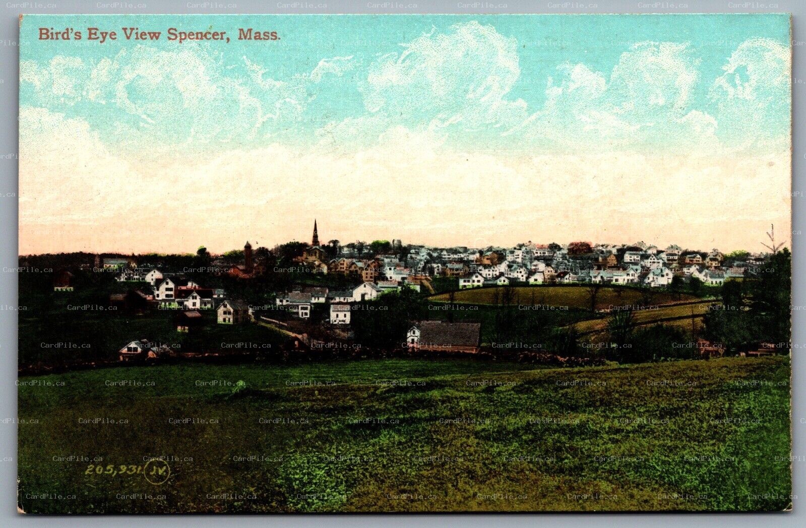 Postcard Spencer MA Birds Eye View from Hill