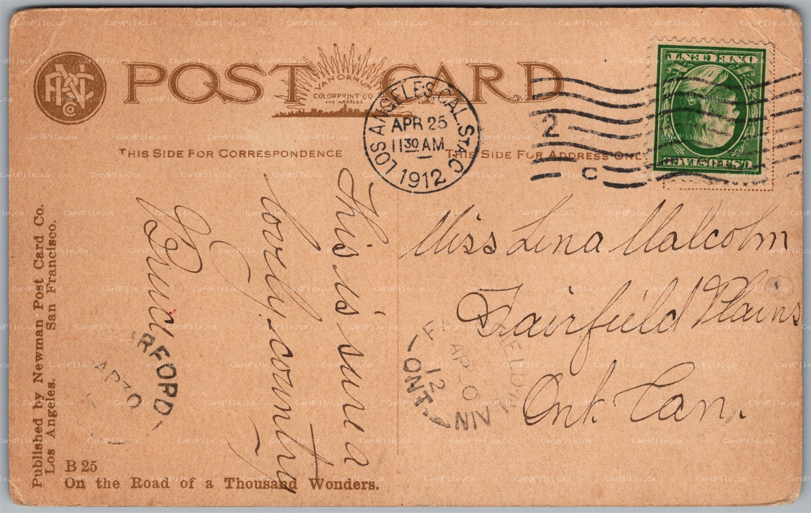 Postcard Split Ring Cancels c1912 Fairfield Plain Ontario via Burford ONT