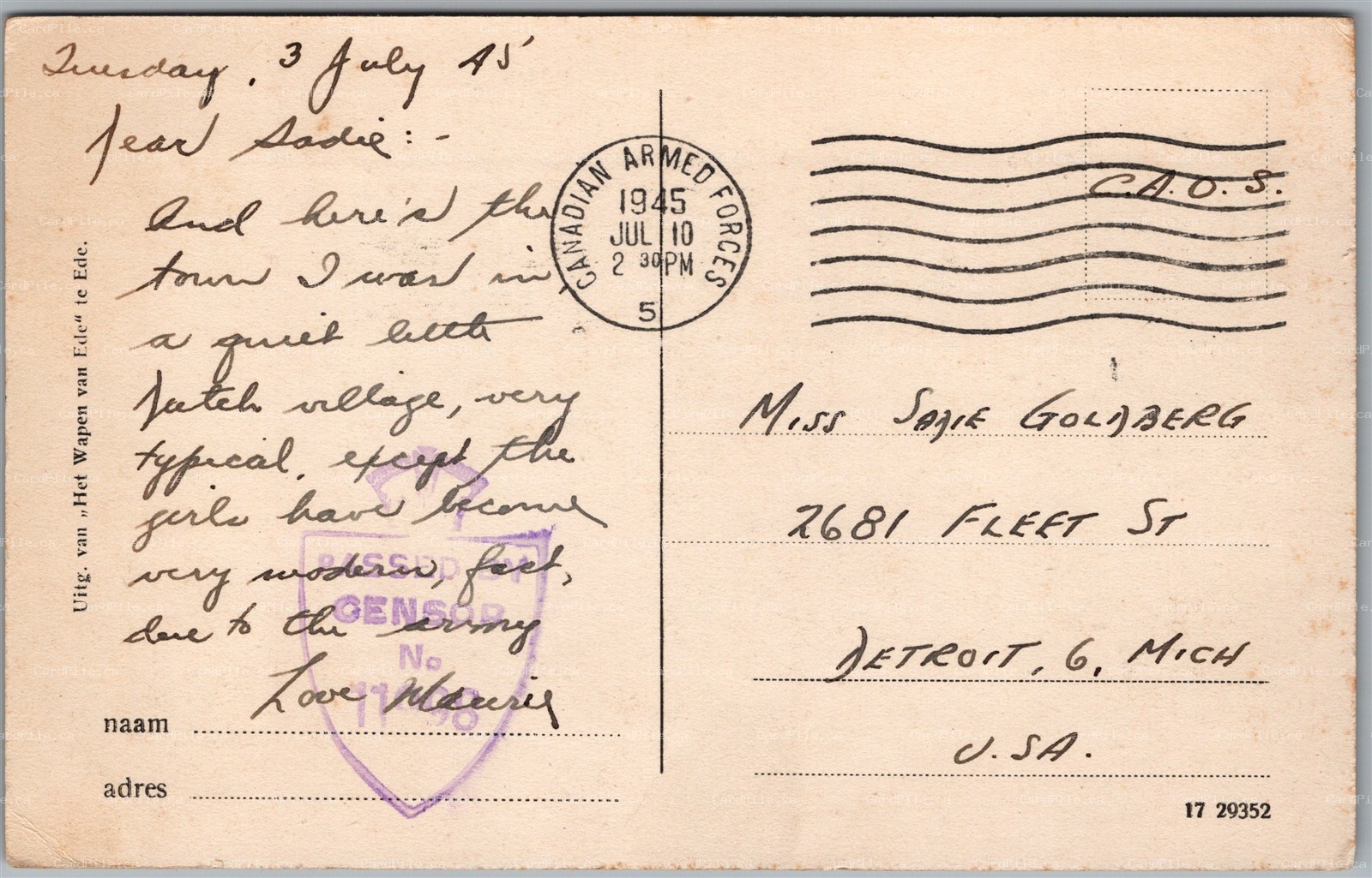 Postcard 1945 Canadian Armed Forces Cancel Passed Censor on Ede Netherlands CAOS
