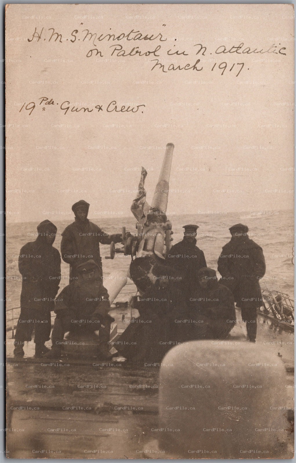 Postcard RPPC 1917 HMS Minotaur 19th Pdr Gun Crew on Patrol in North Atlantic