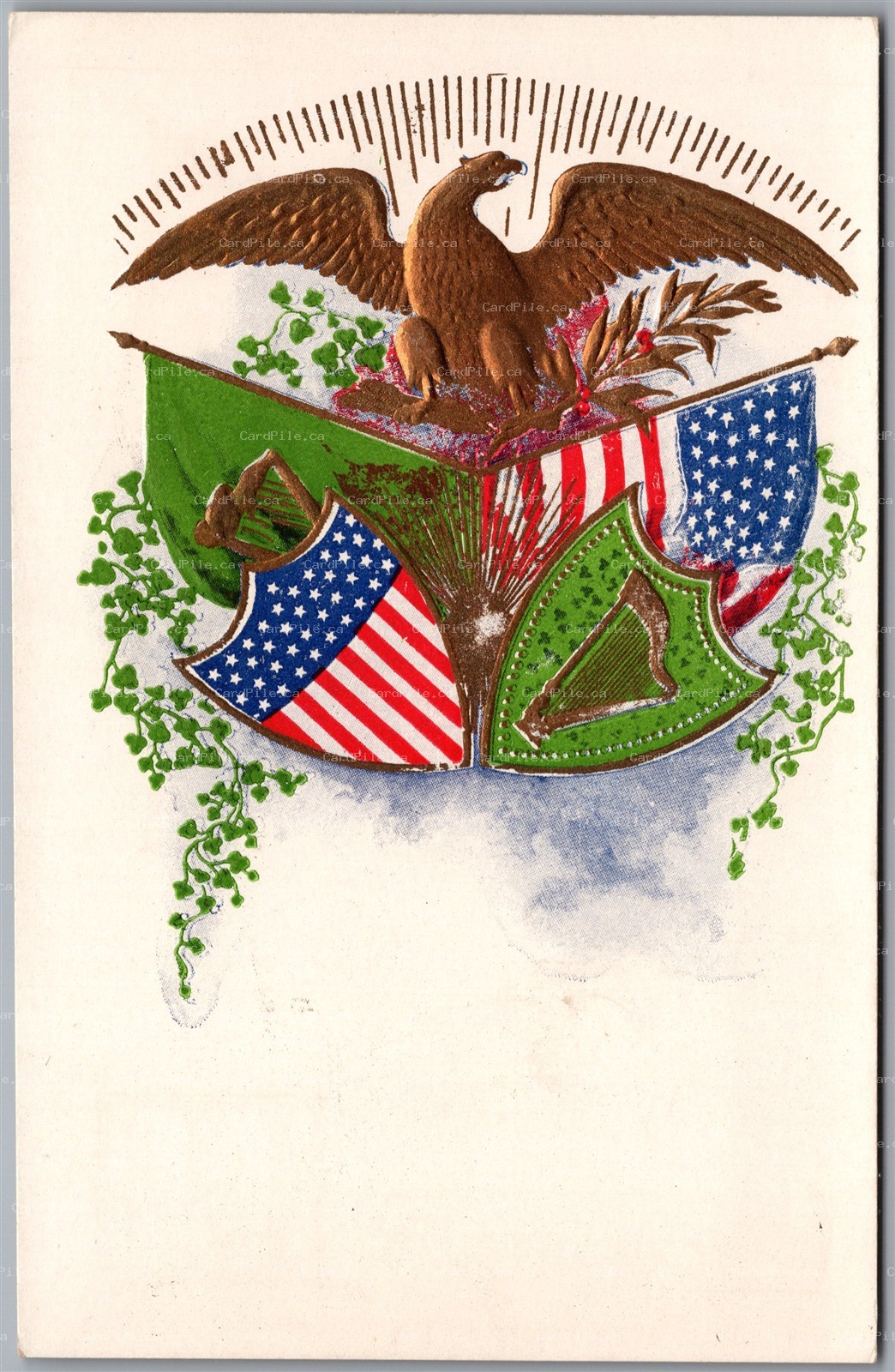 Postcard c19100s Embossed Patriotic American and Irish Flags and Crest Eagle